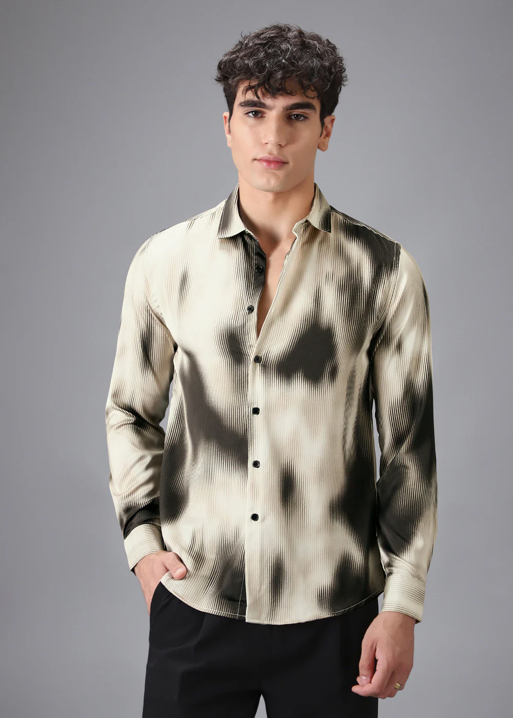 Beige Black Stripe Abstract Printed Shirt - Image 3