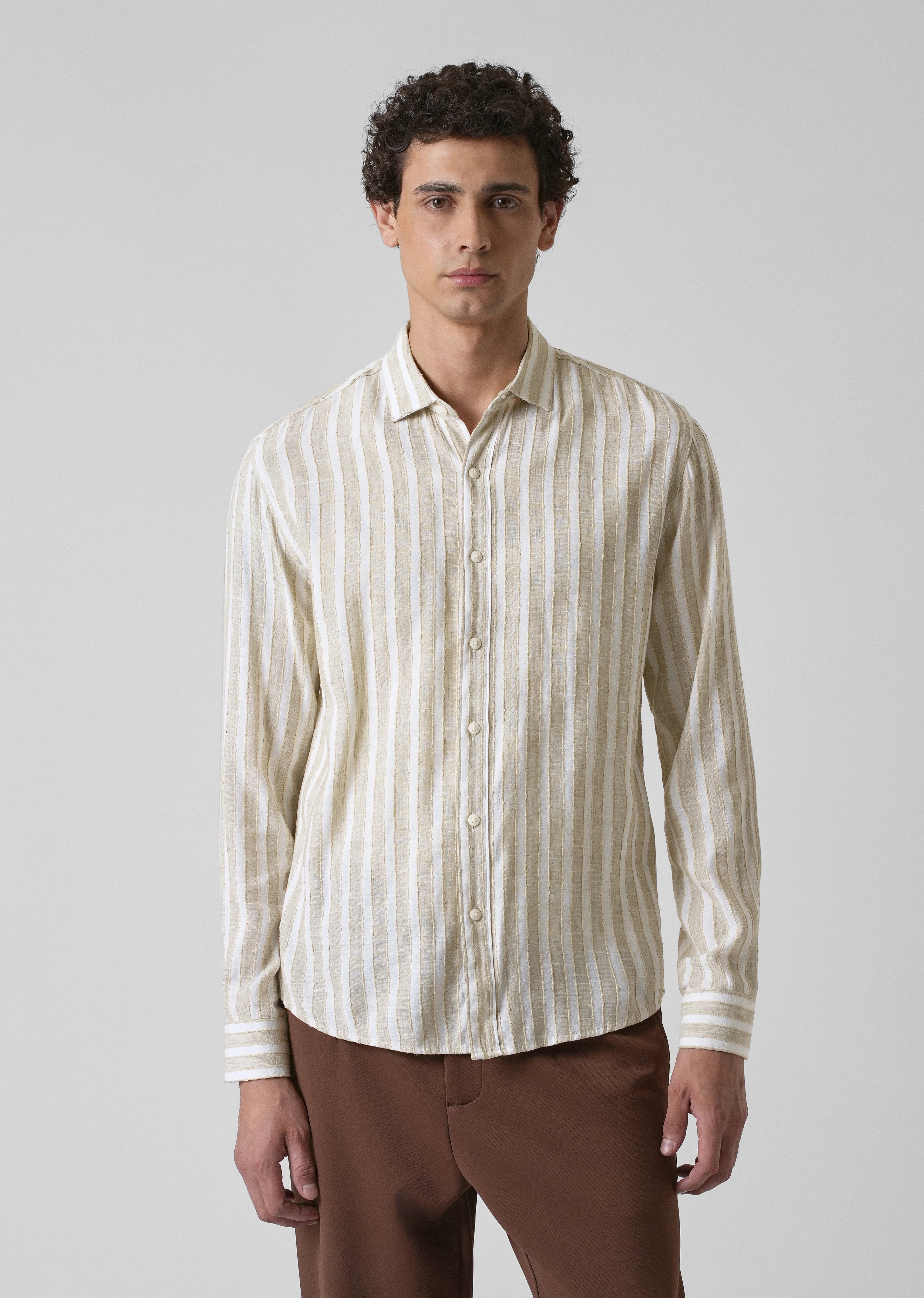 Beige Blended Cotton Striped Shirt - Image 3