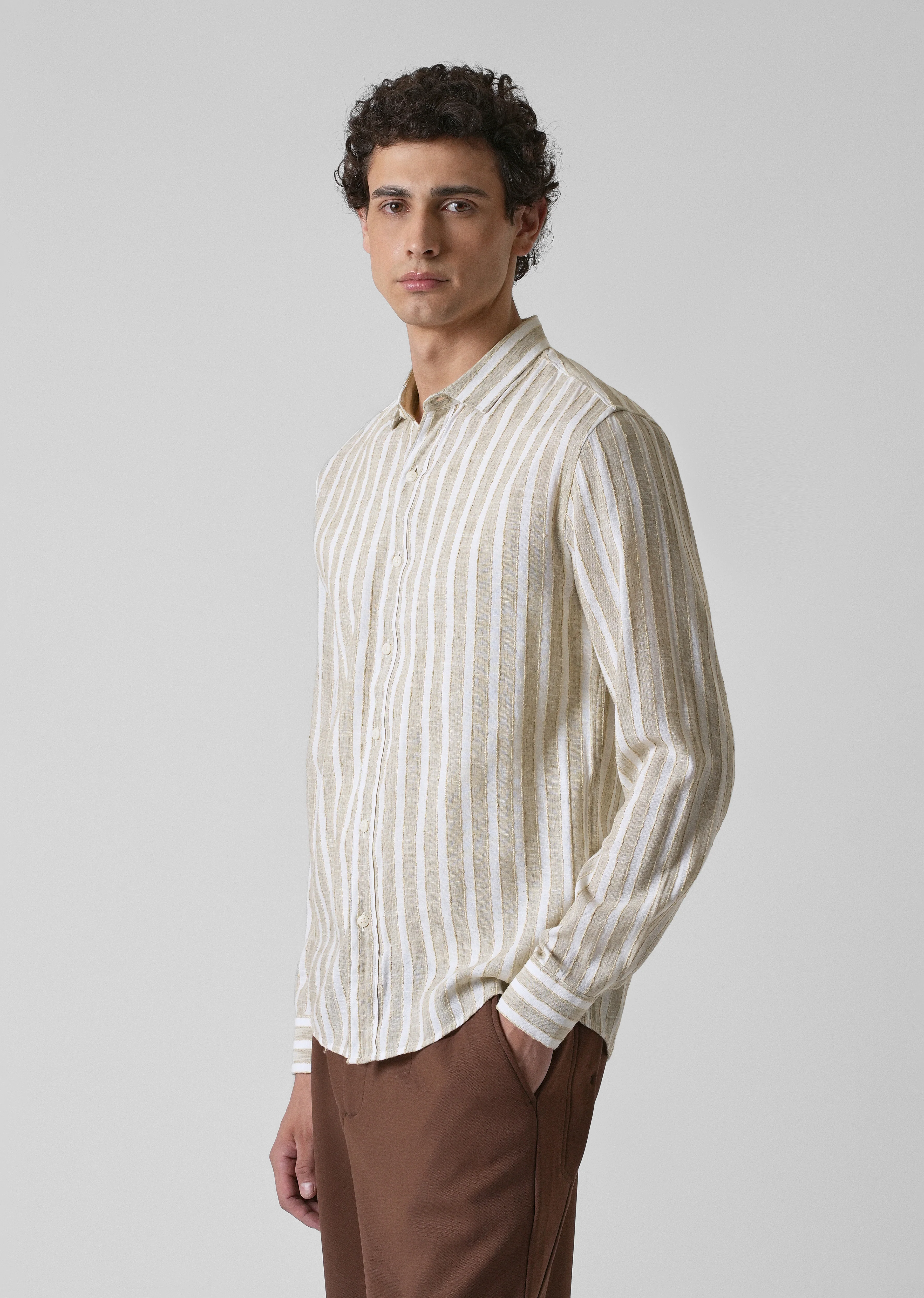 Beige Blended Cotton Striped Shirt - Image 4