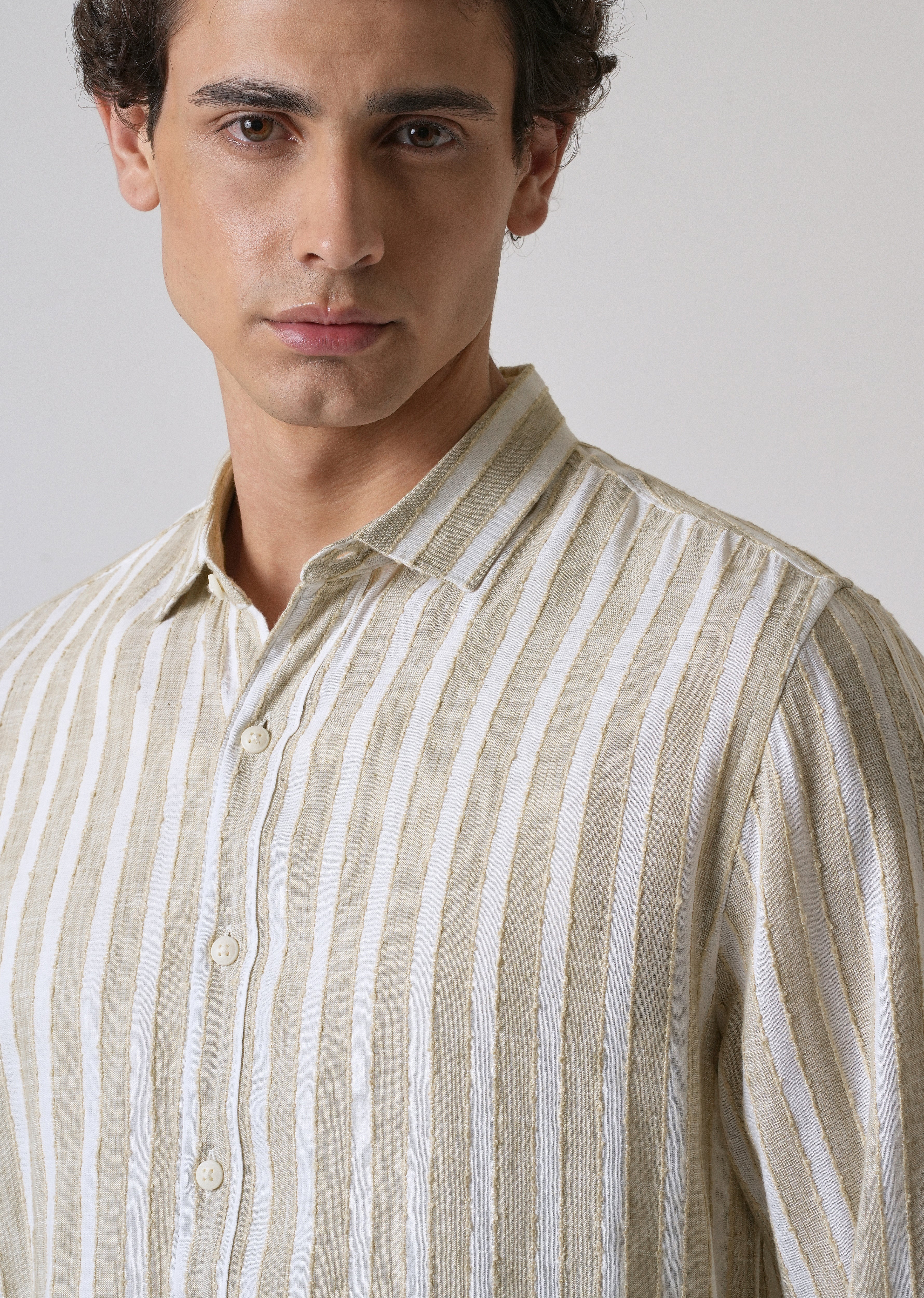 Beige Blended Cotton Striped Shirt - Image 5