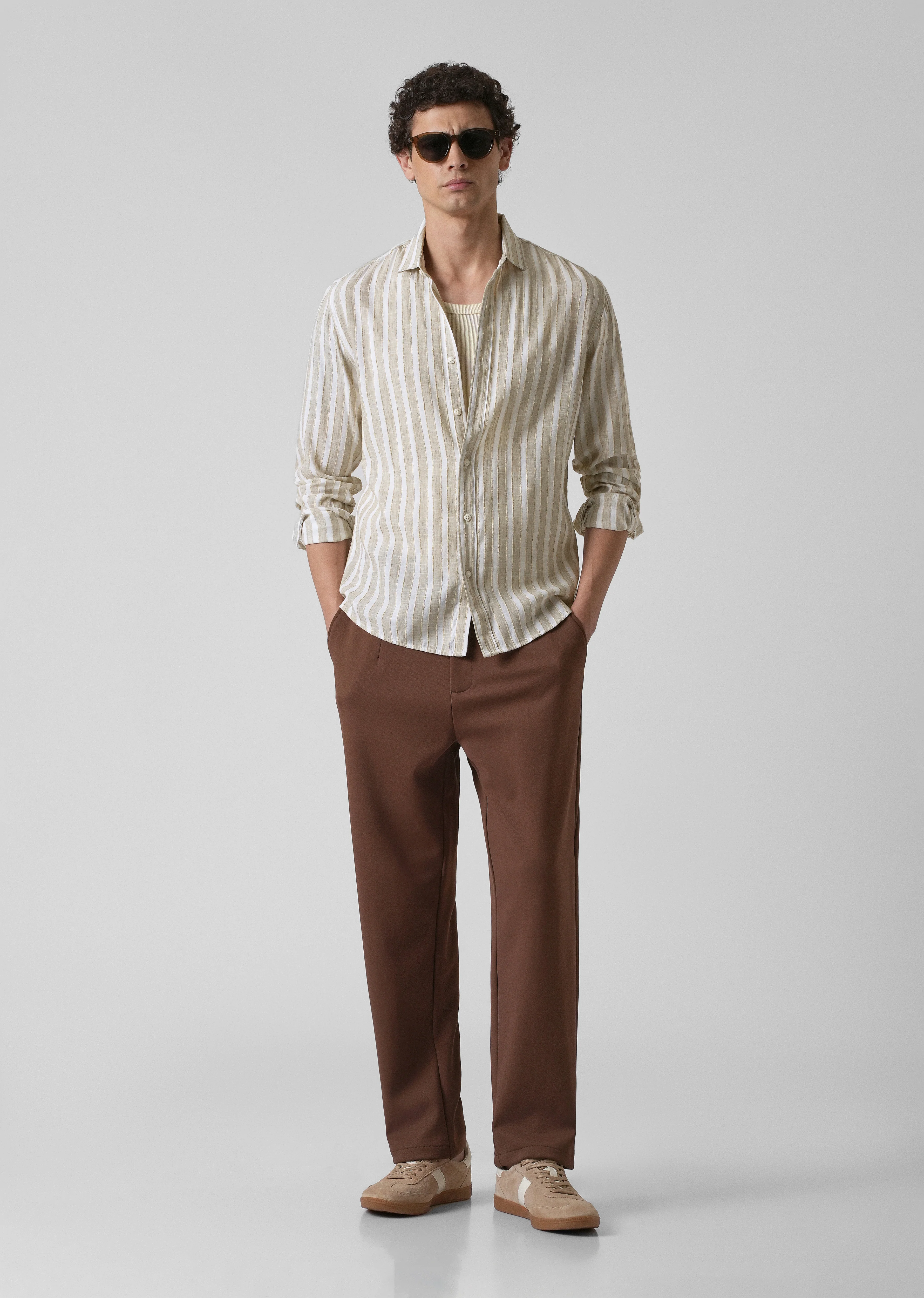 Beige Blended Cotton Striped Shirt - Image 6