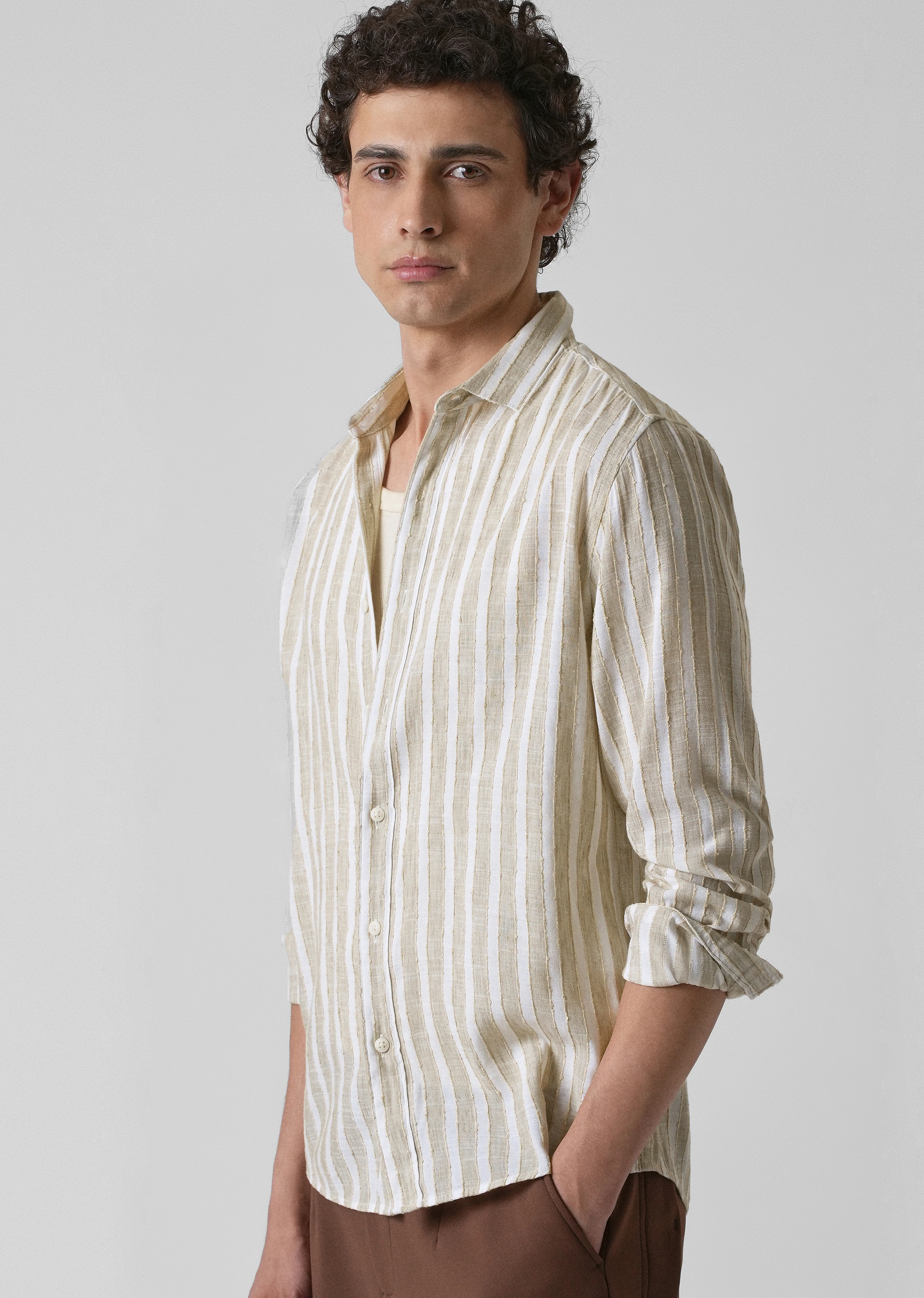 Beige Blended Cotton Striped Shirt - Image 7