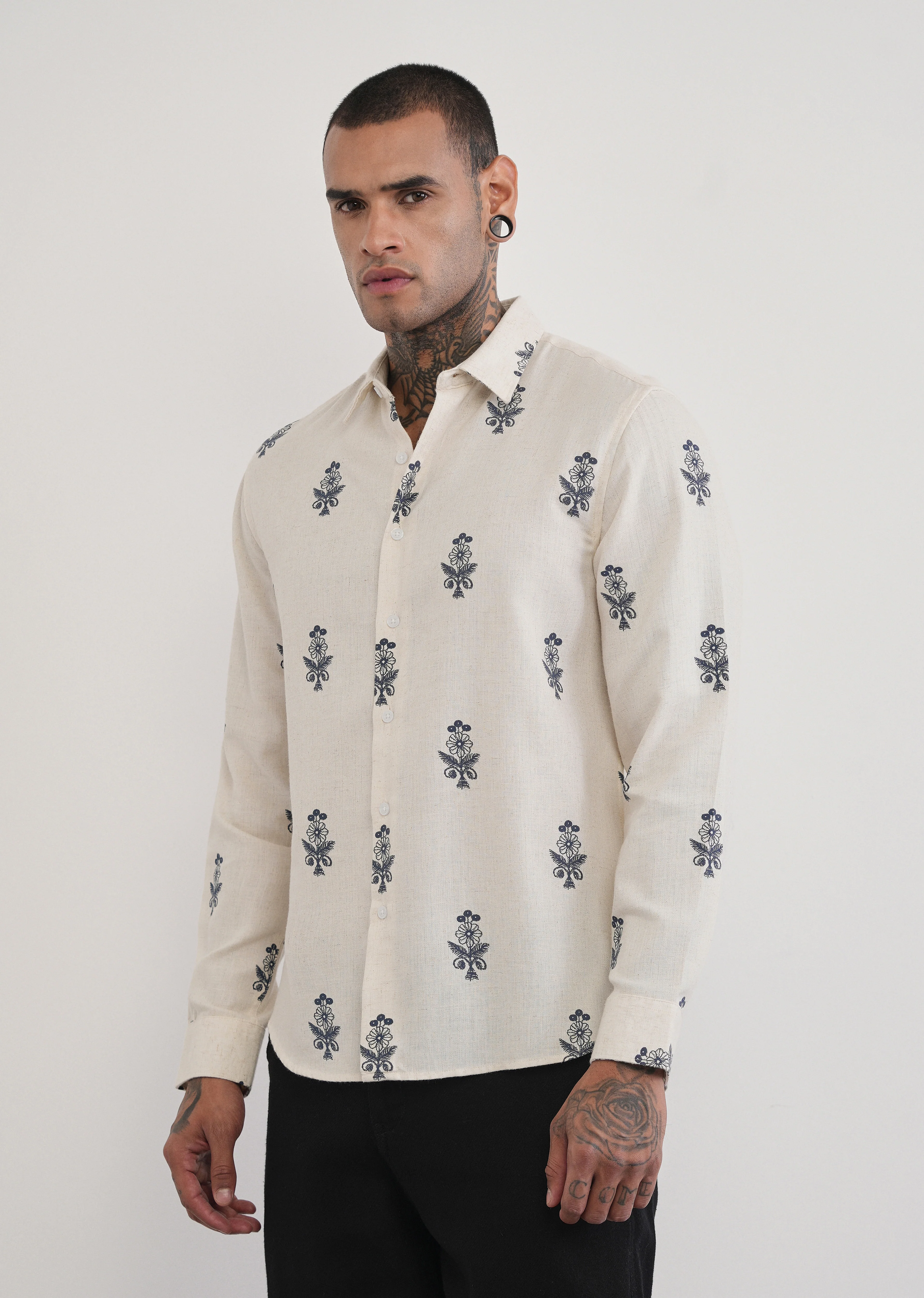 Beige Blended Linen Floral Print Shirt - Image 4