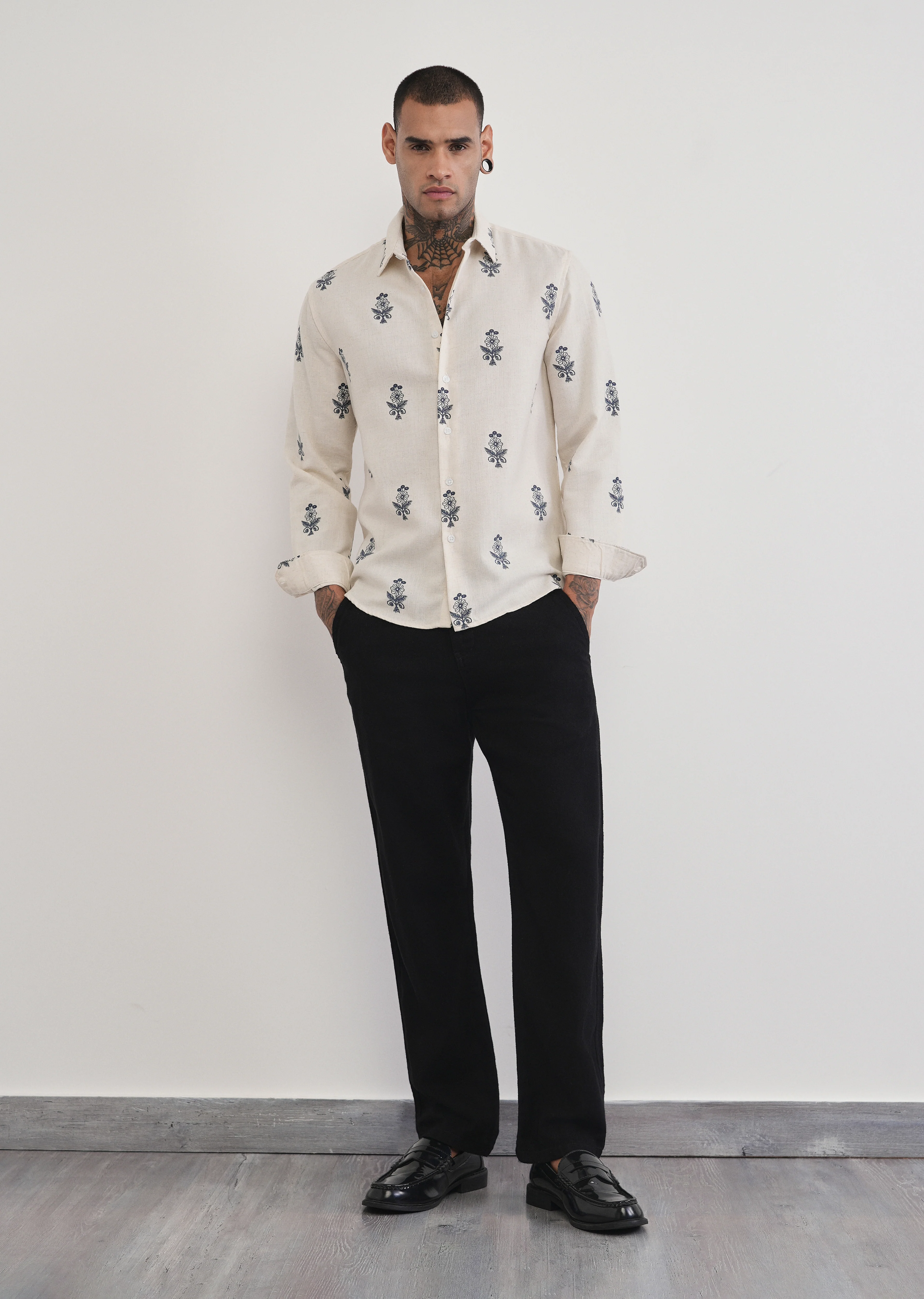 Beige Blended Linen Floral Print Shirt - Image 6