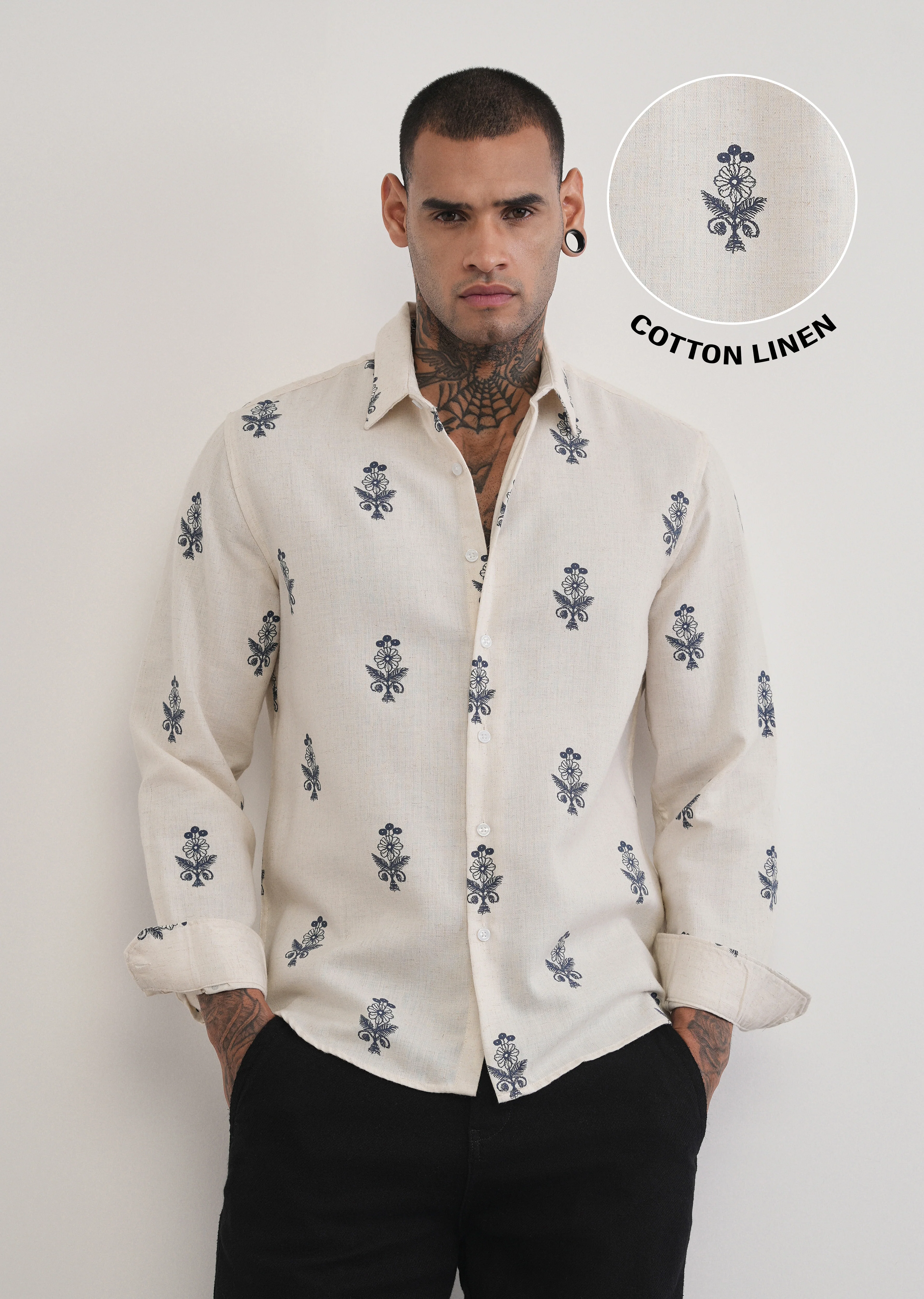 Beige Blended Linen Floral Print Shirt - Image 7