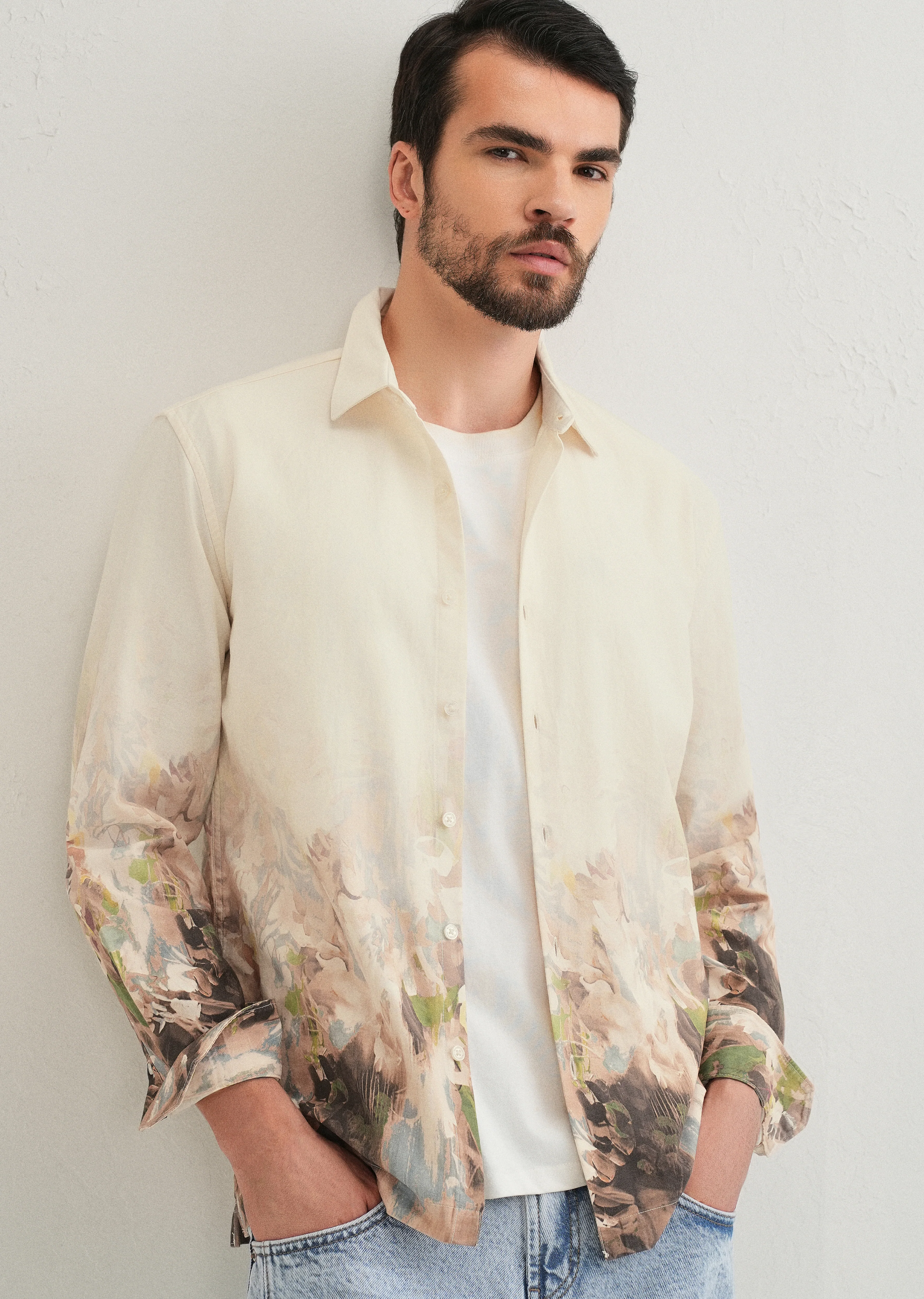 Beige Blue Abstract Printed Shirt - Image 7