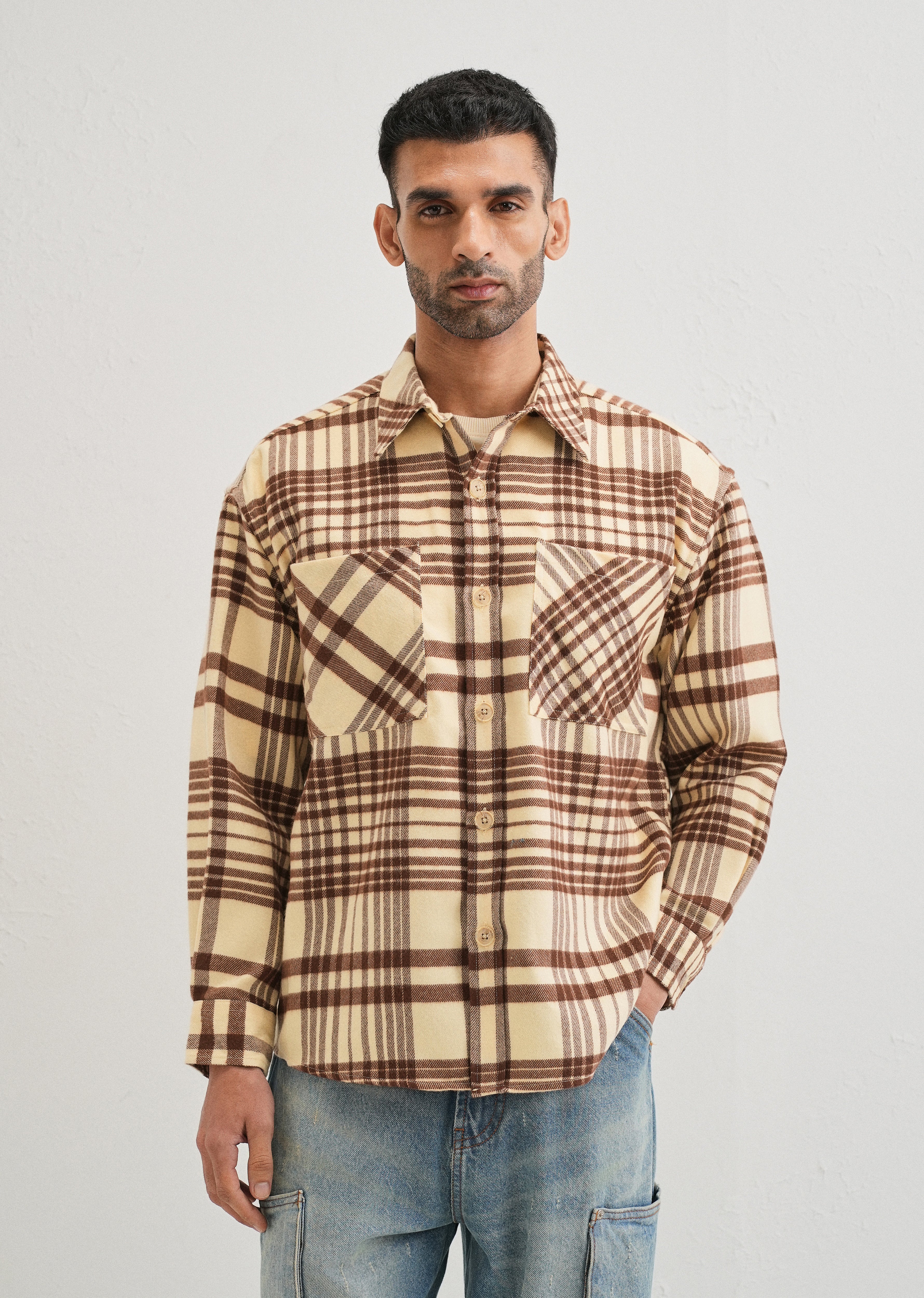 Beige Checked Relaxed Fit Shacket - Image 3