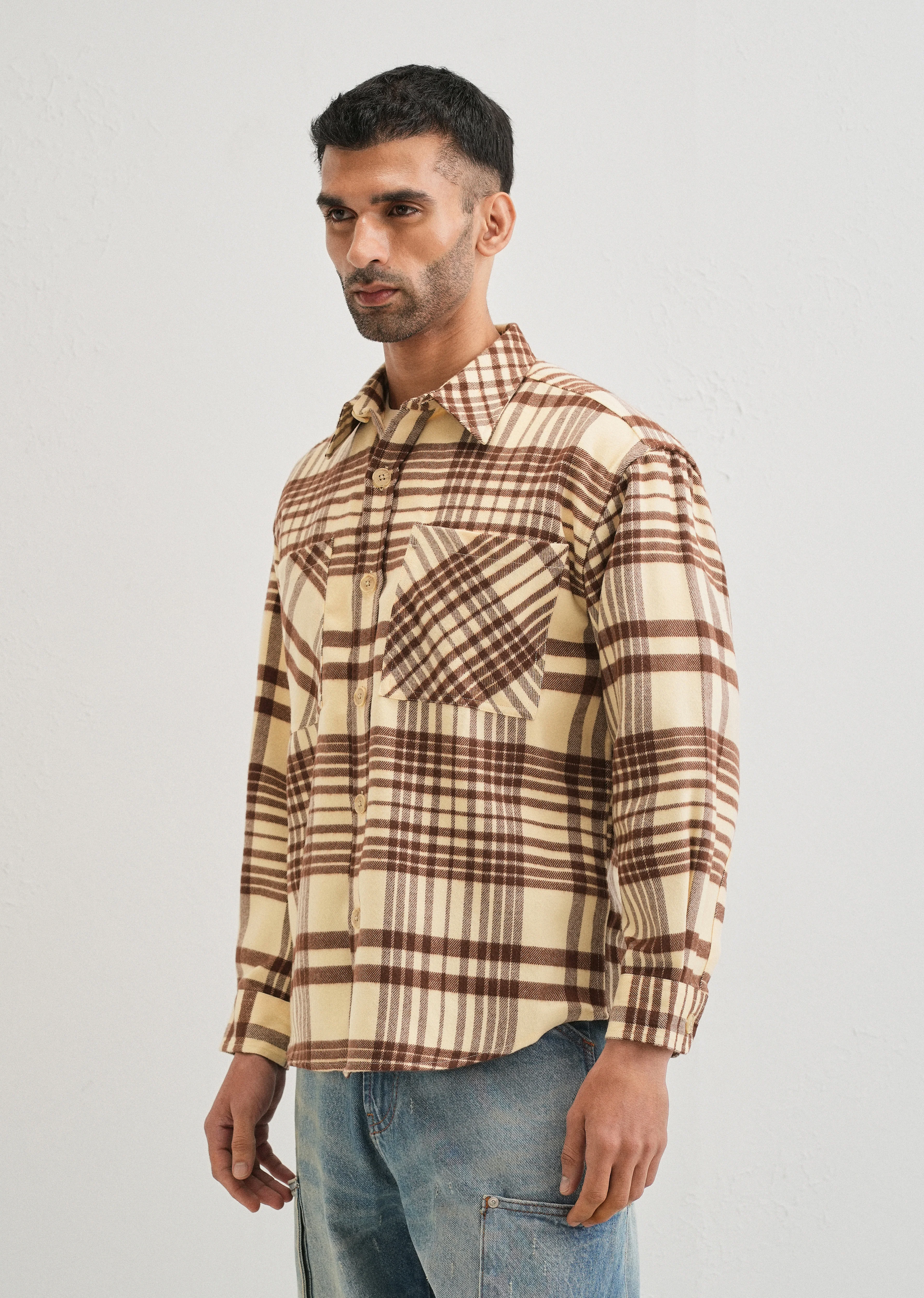 Beige Checked Relaxed Fit Shacket - Image 4