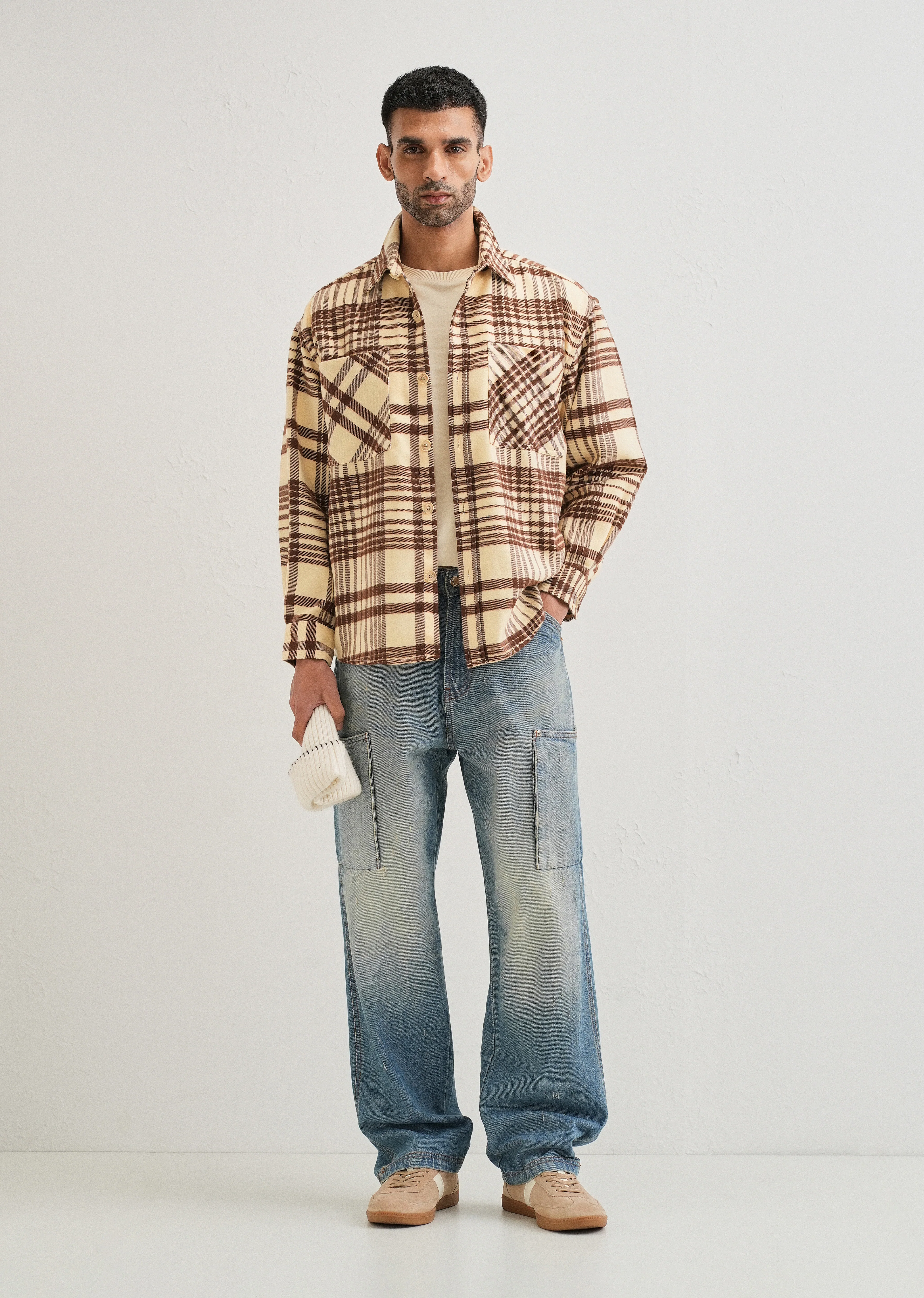 Beige Checked Relaxed Fit Shacket - Image 6