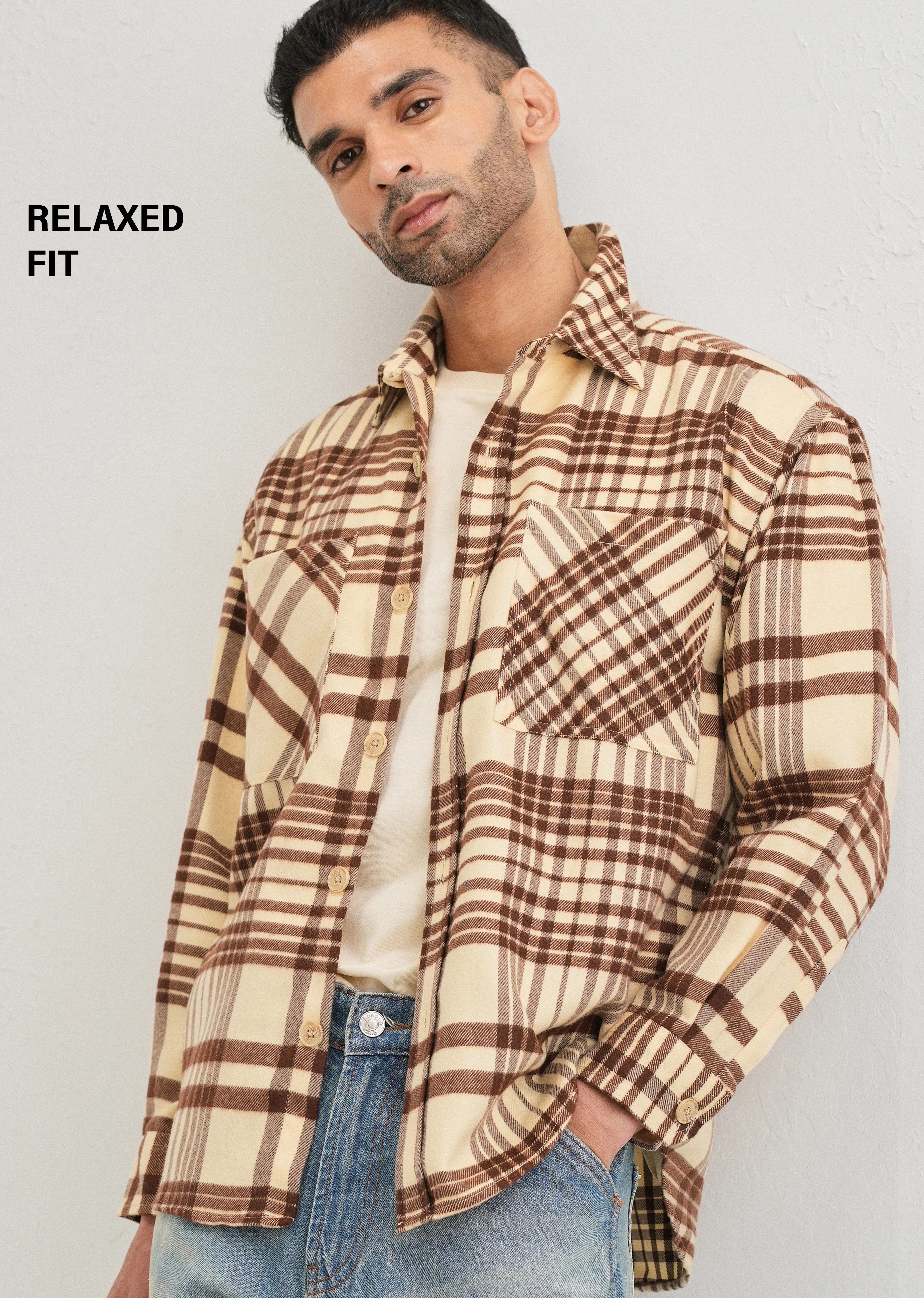 Beige Checked Relaxed Fit Shacket - Image 7
