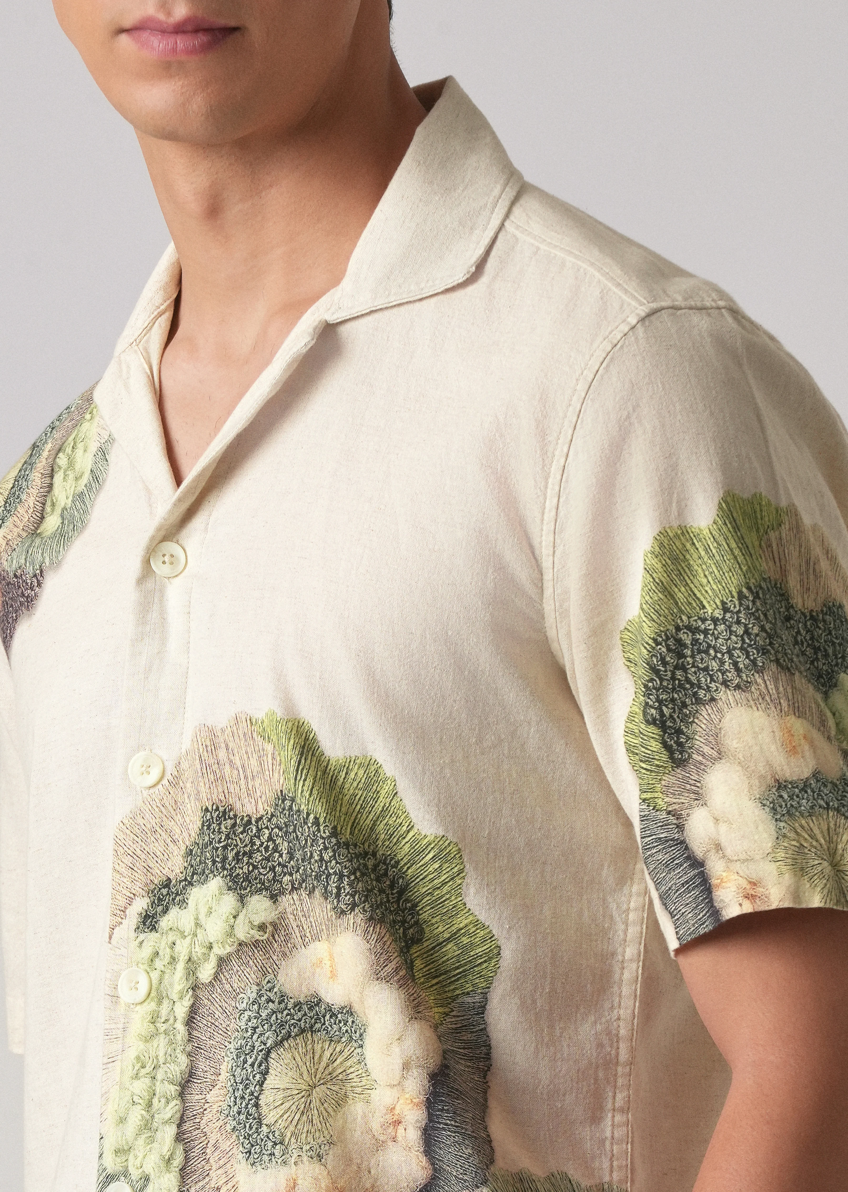 Beige Cotton/Linen Coral Print Shirt - Image 5
