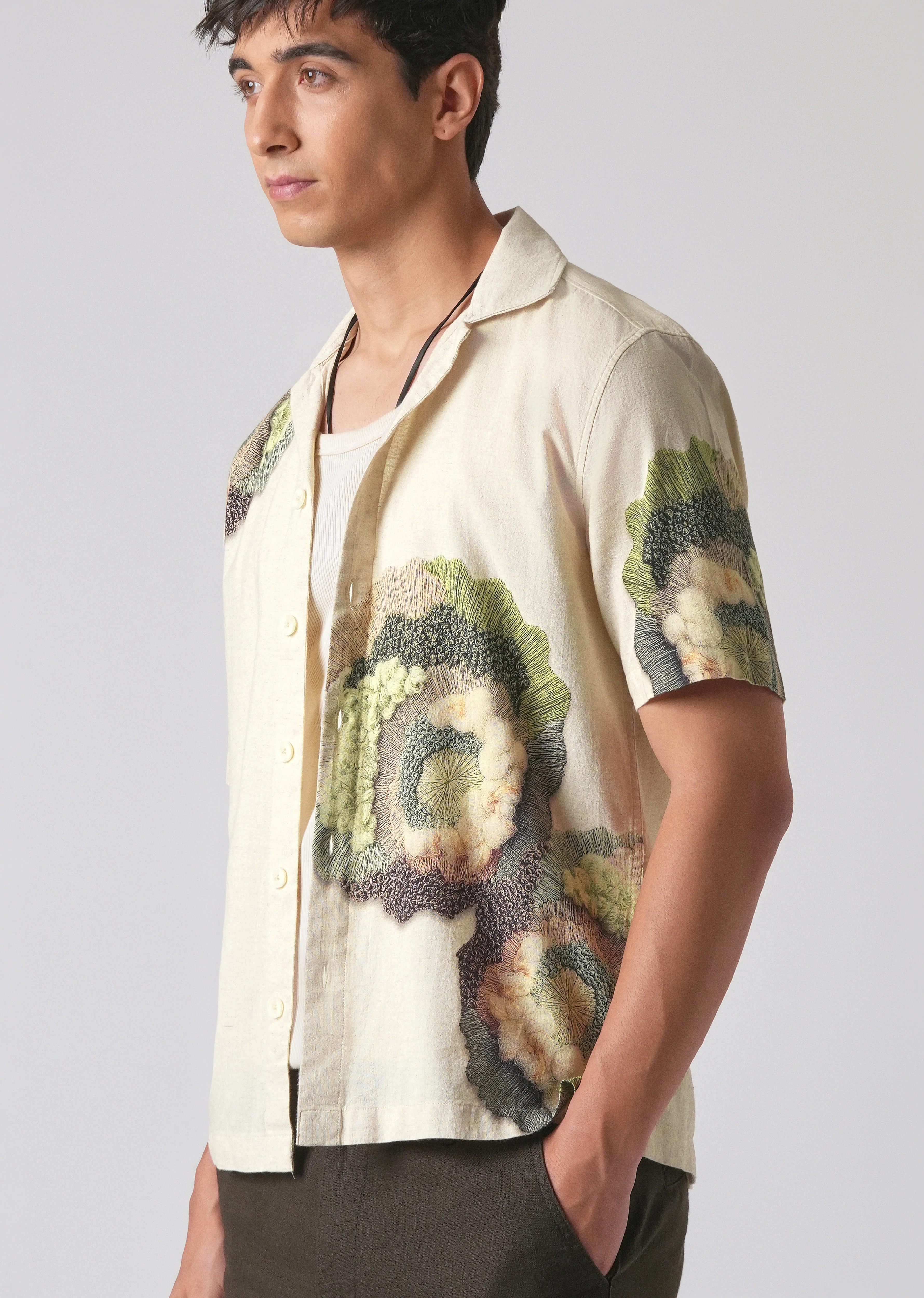Beige Cotton/Linen Coral Print Shirt - Image 7