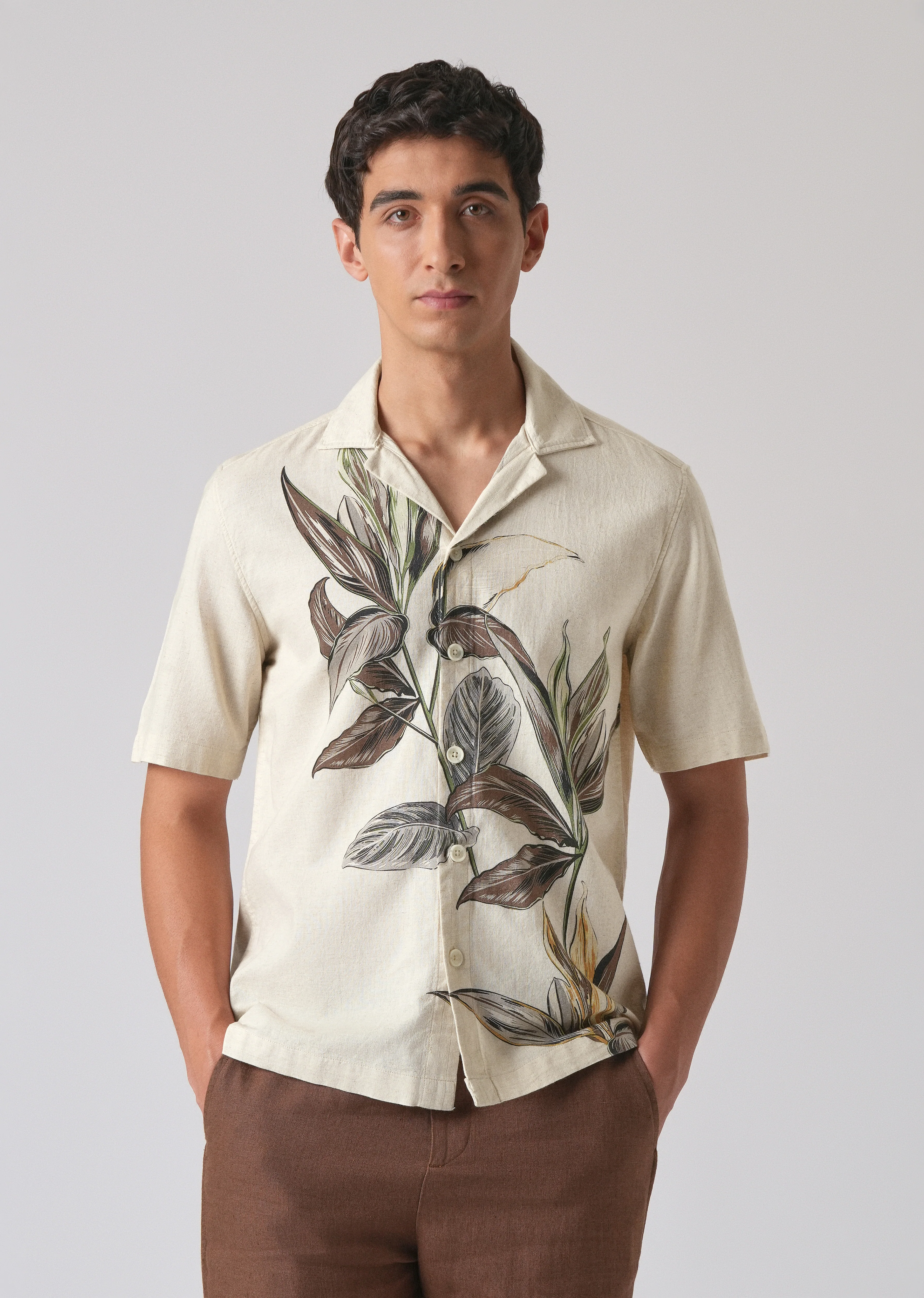 Beige Cotton/Linen Floral Print Shirt - Image 3