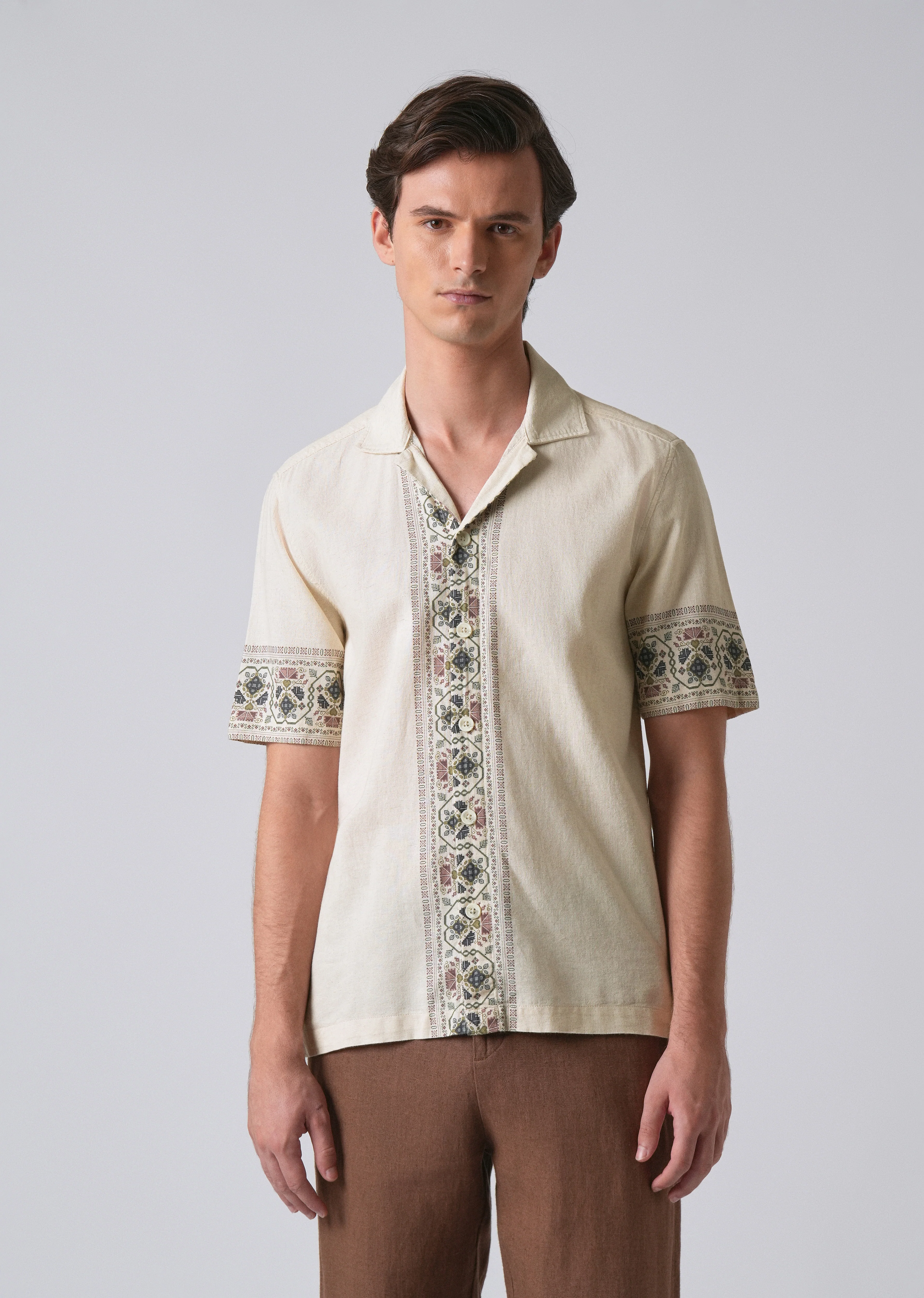 Beige Cotton/Linen Pannel Print Shirt - Image 3