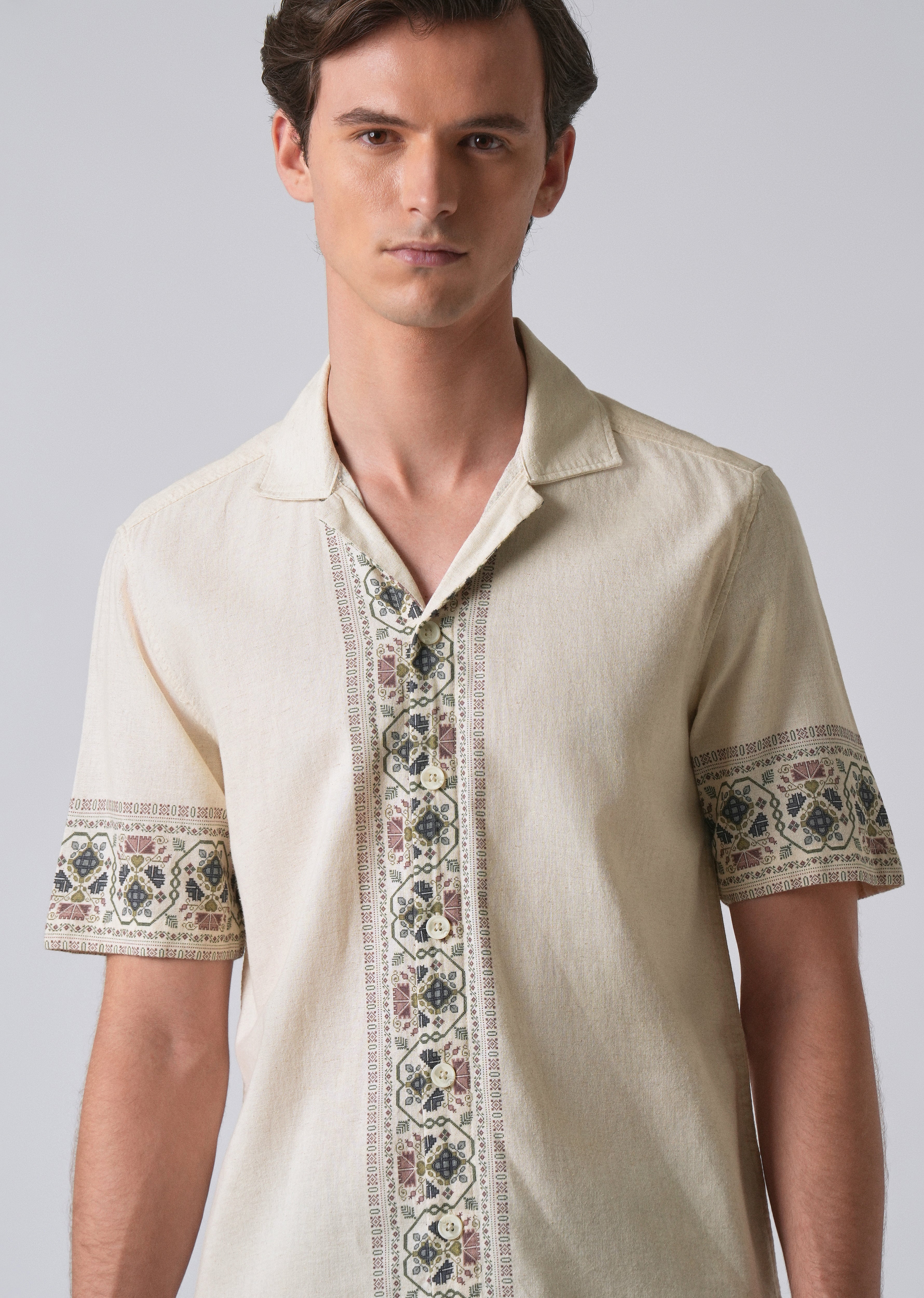 Beige Cotton/Linen Pannel Print Shirt - Image 5
