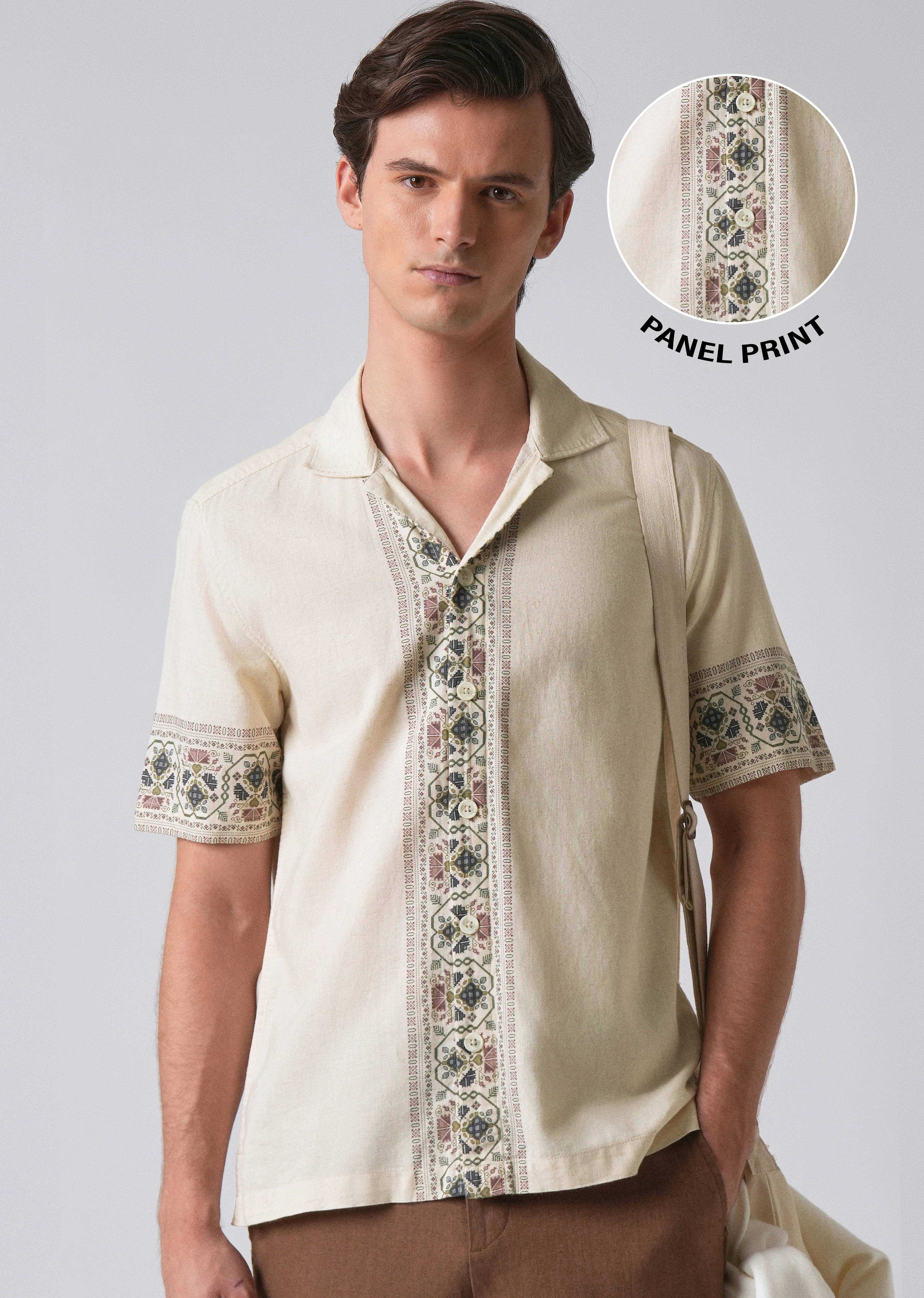 Beige Cotton/Linen Pannel Print Shirt - Image 7