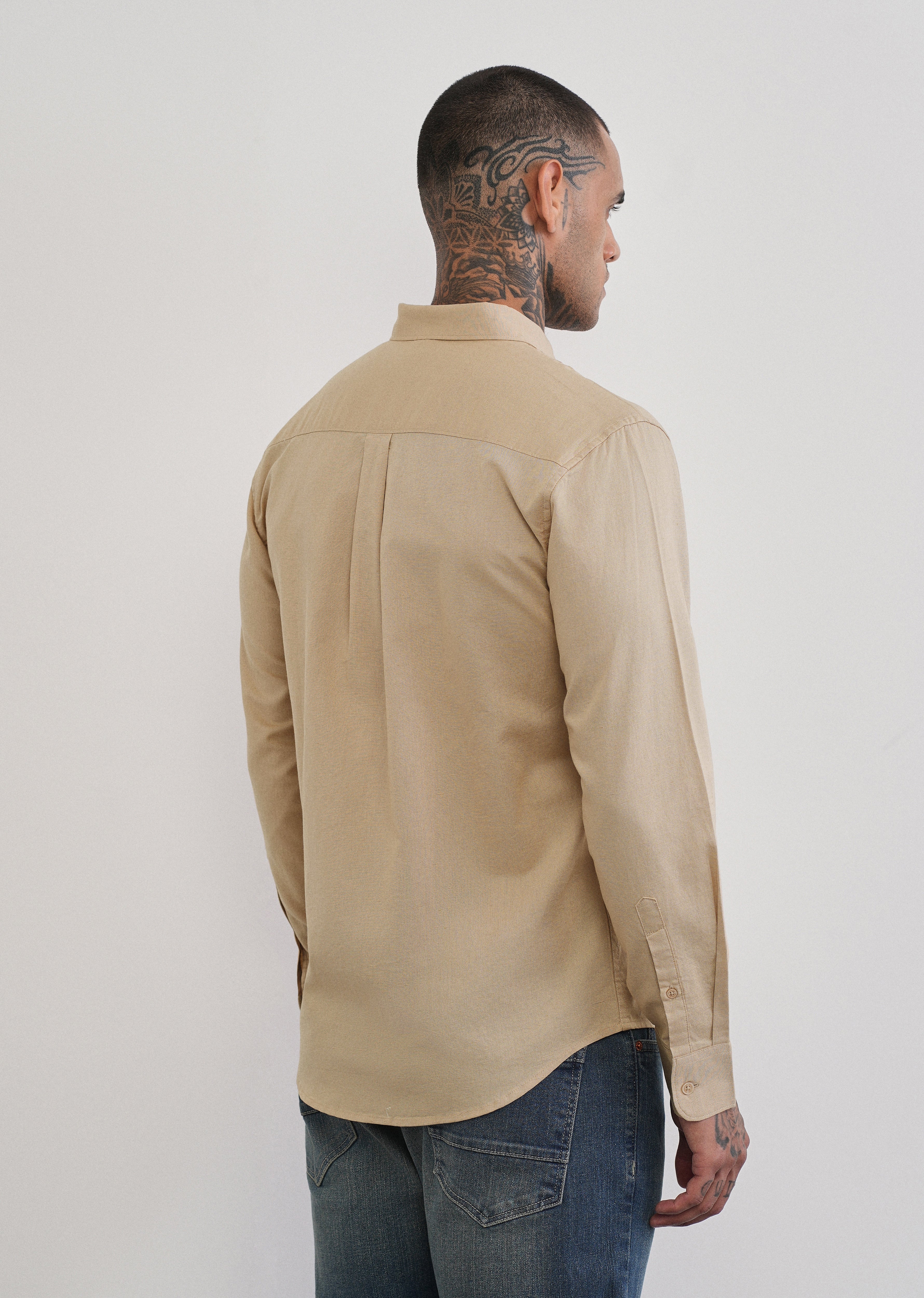 Beige Cotton Linen Plain Shirt - Image 2