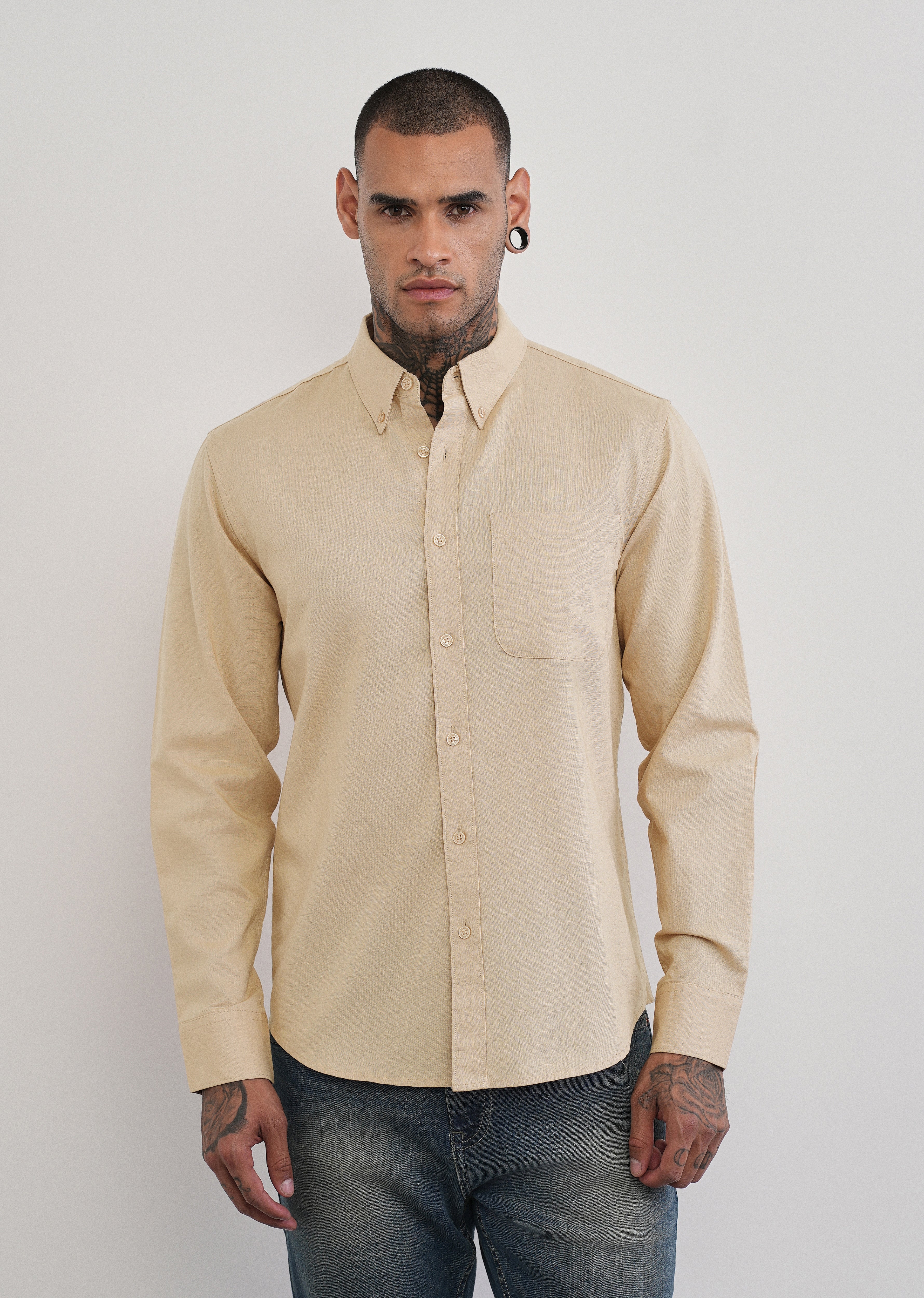 Beige Cotton Linen Plain Shirt - Image 3