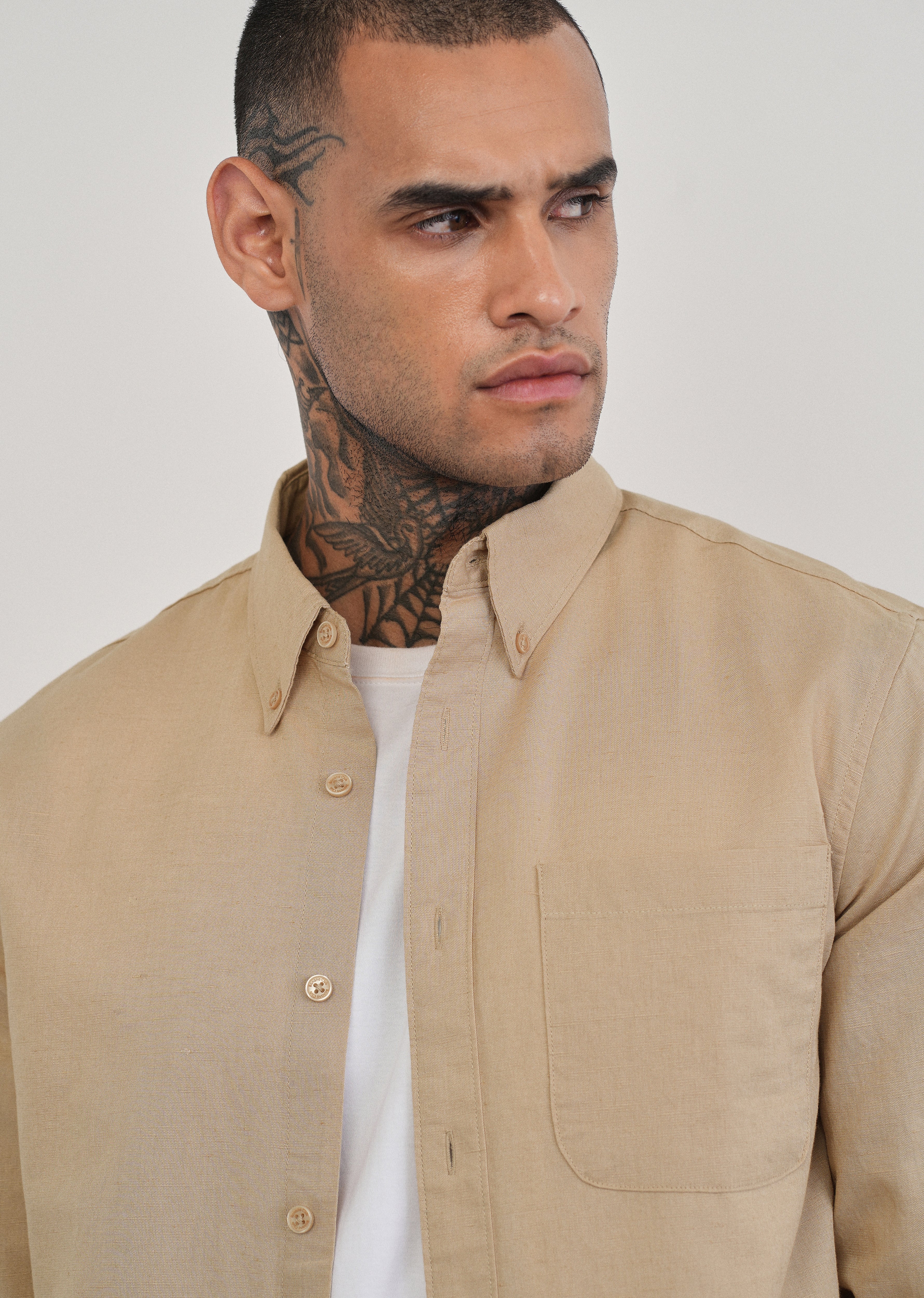Beige Cotton Linen Plain Shirt - Image 5