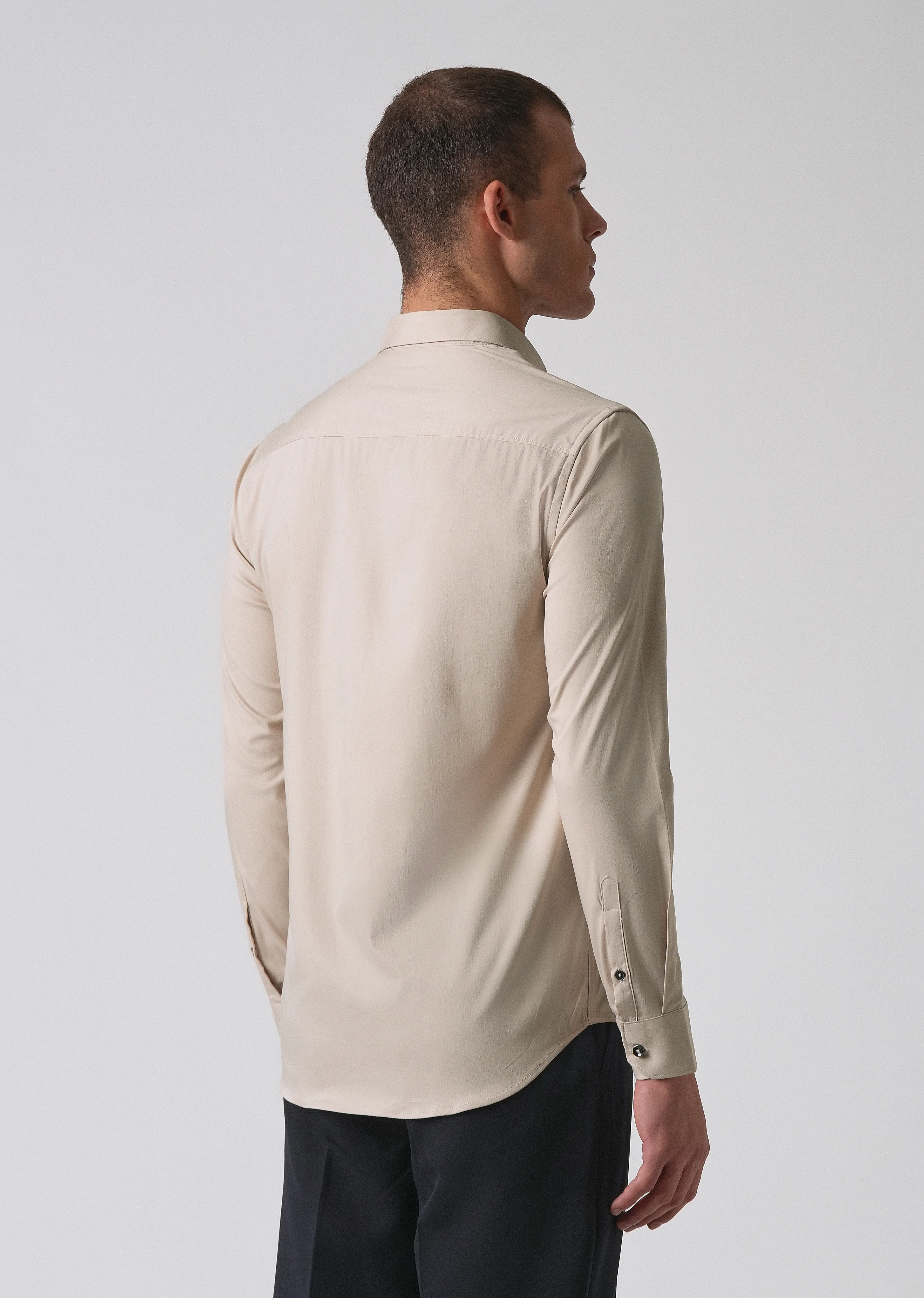 Beige Cotton Stretch Plain Shirt - Image 2