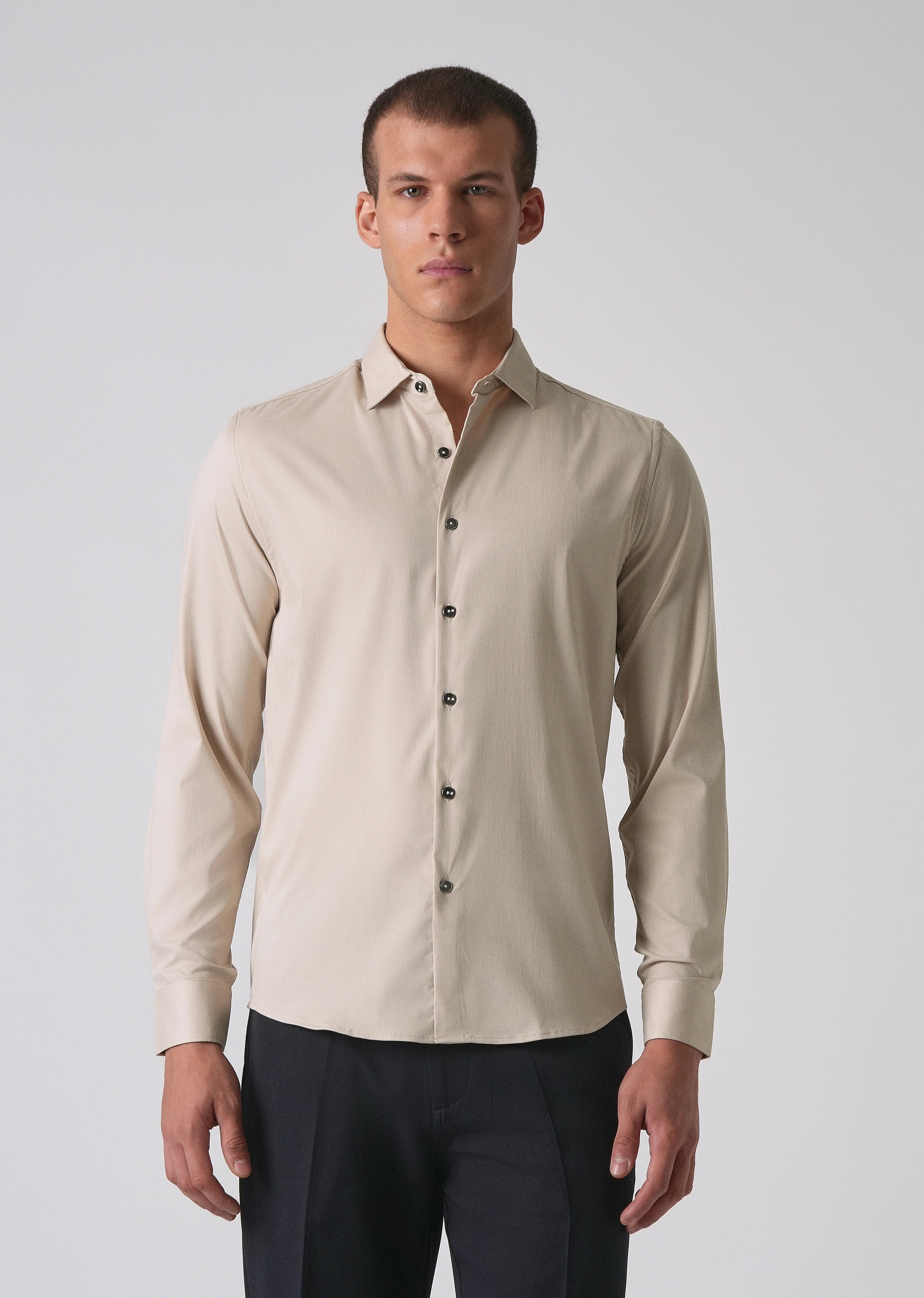Beige Cotton Stretch Plain Shirt - Image 3