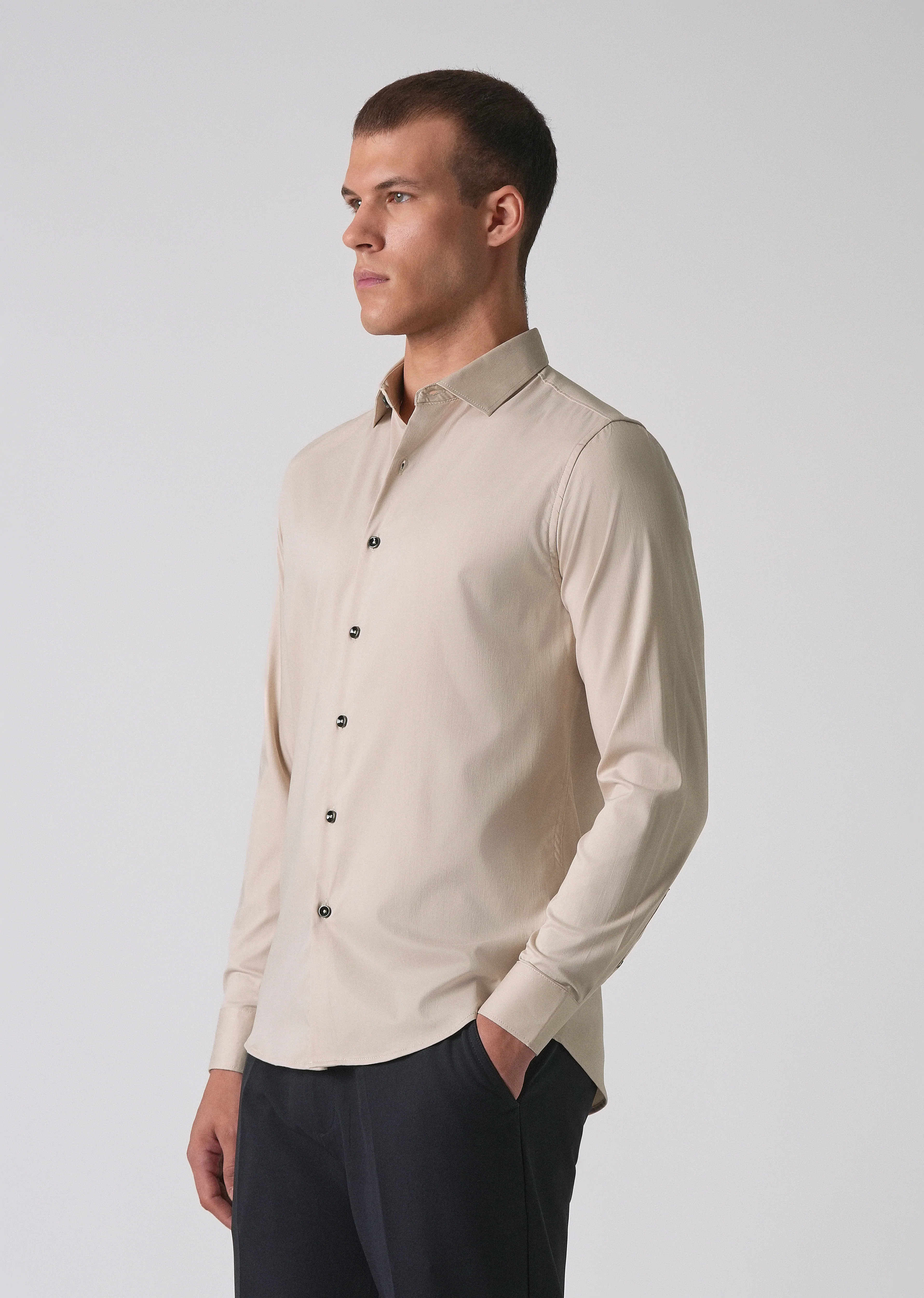 Beige Cotton Stretch Plain Shirt - Image 4