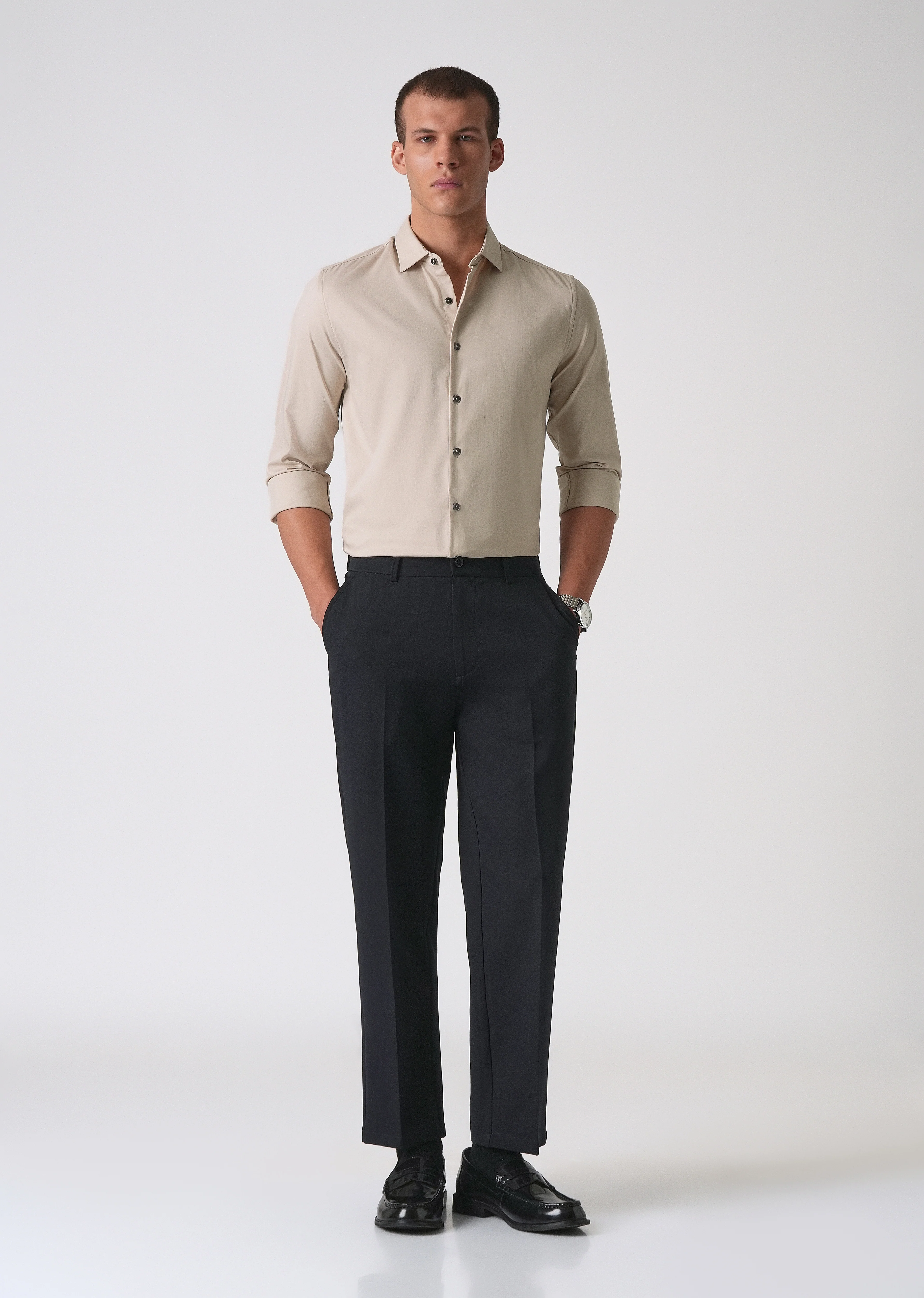 Beige Cotton Stretch Plain Shirt - Image 6