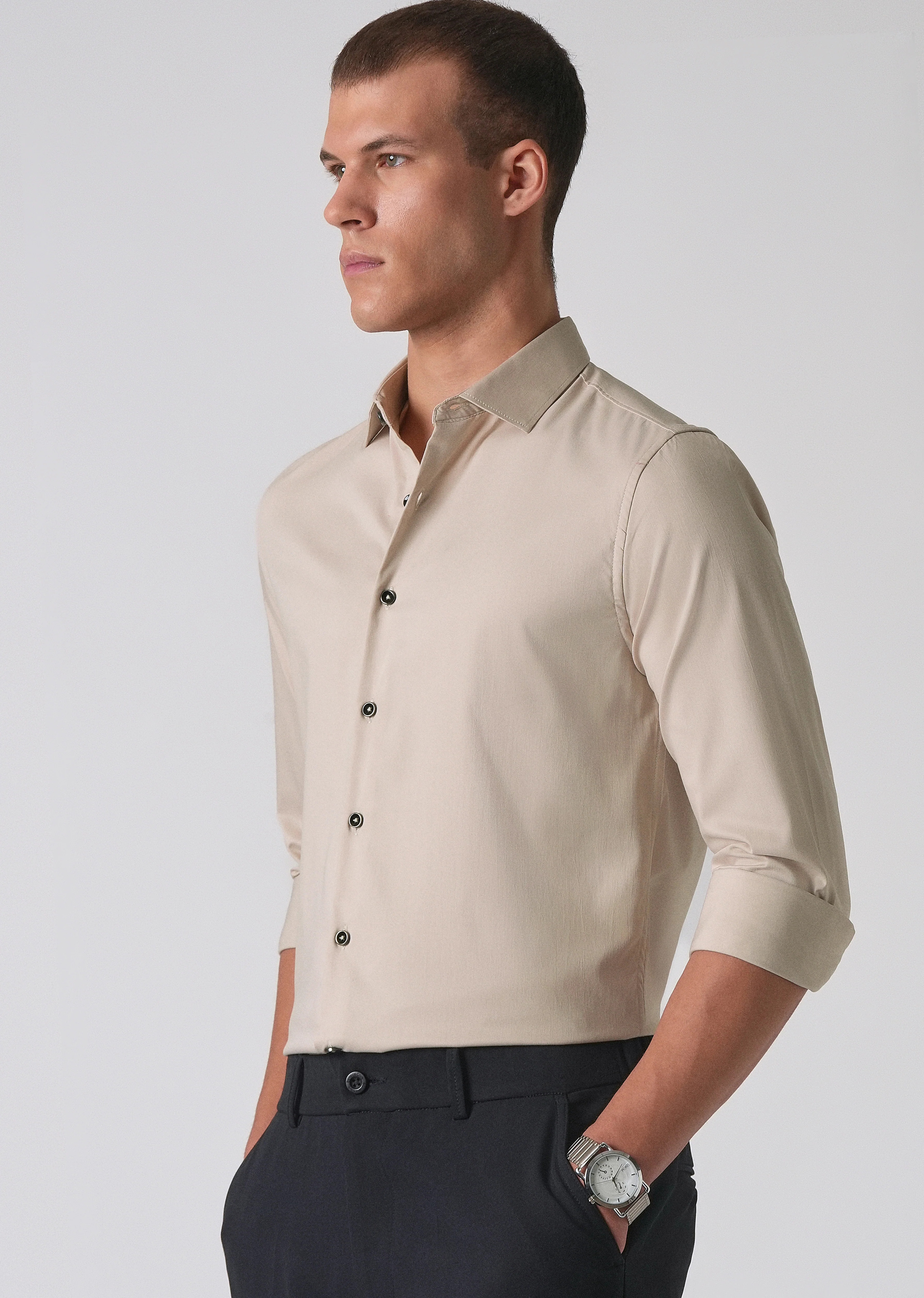 Beige Cotton Stretch Plain Shirt - Image 7