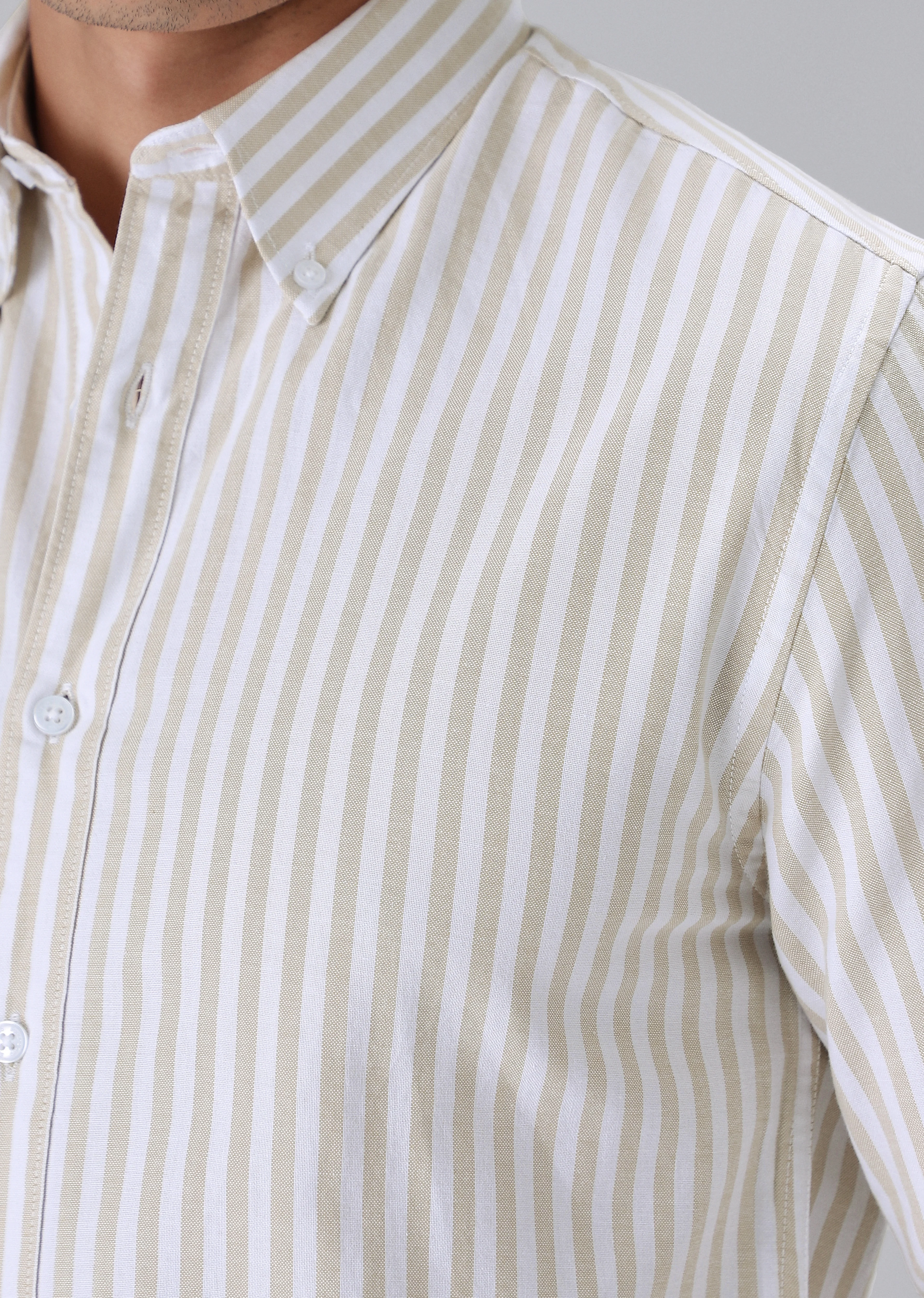 Beige Cotton Oxford Stripe Shirt - Image 2
