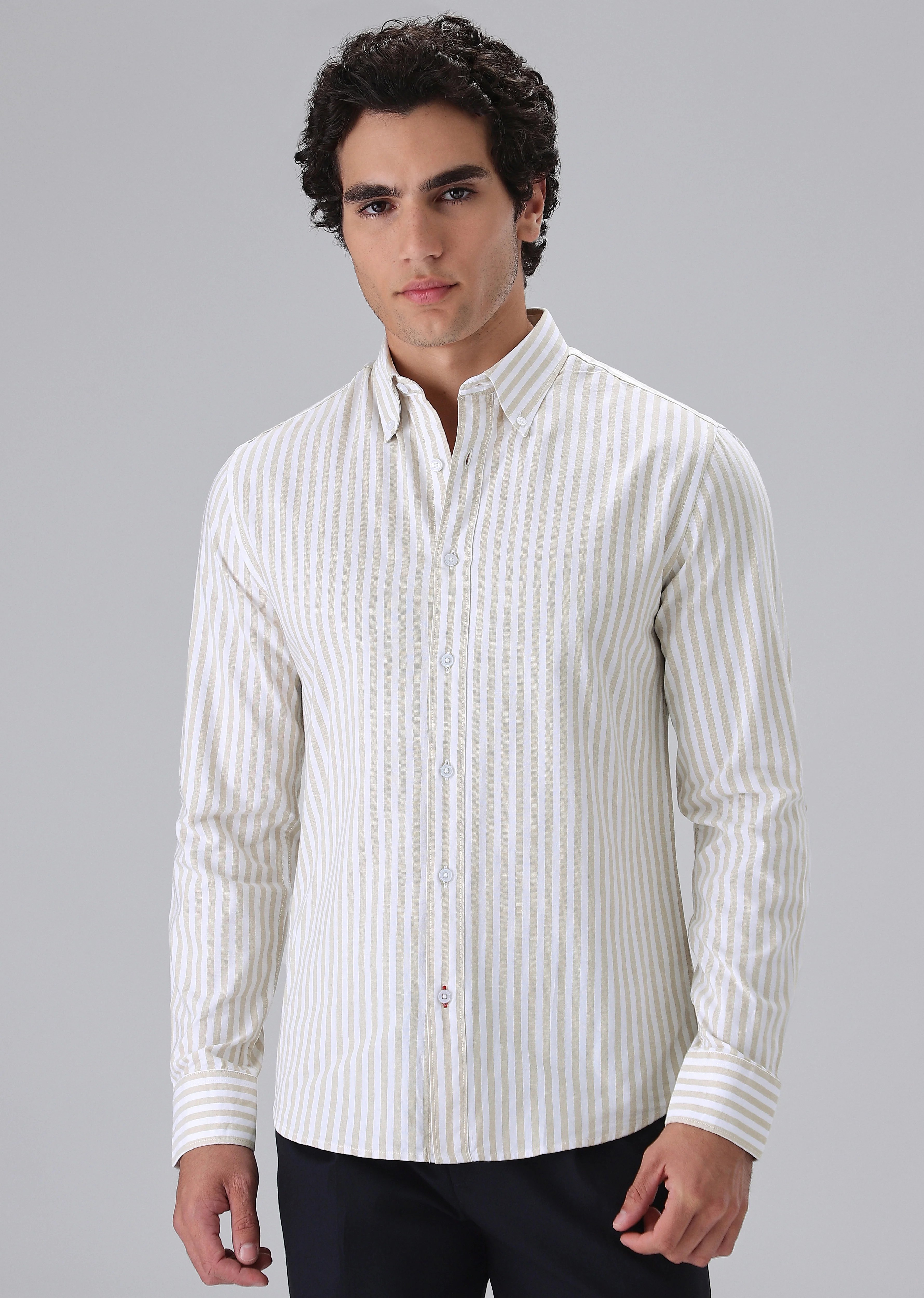 Beige Cotton Oxford Stripe Shirt - Image 3