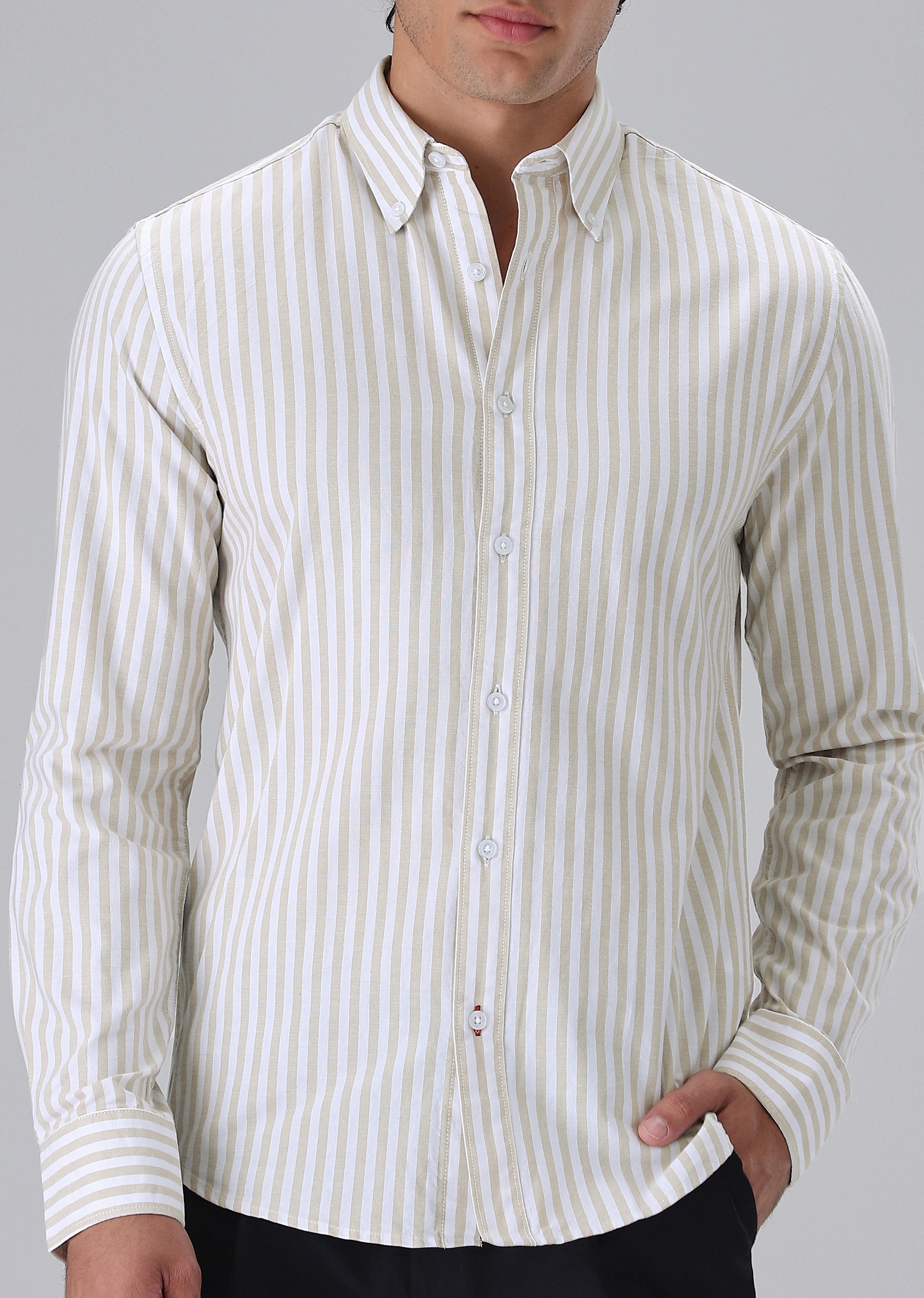 Beige Cotton Oxford Stripe Shirt - Image 7