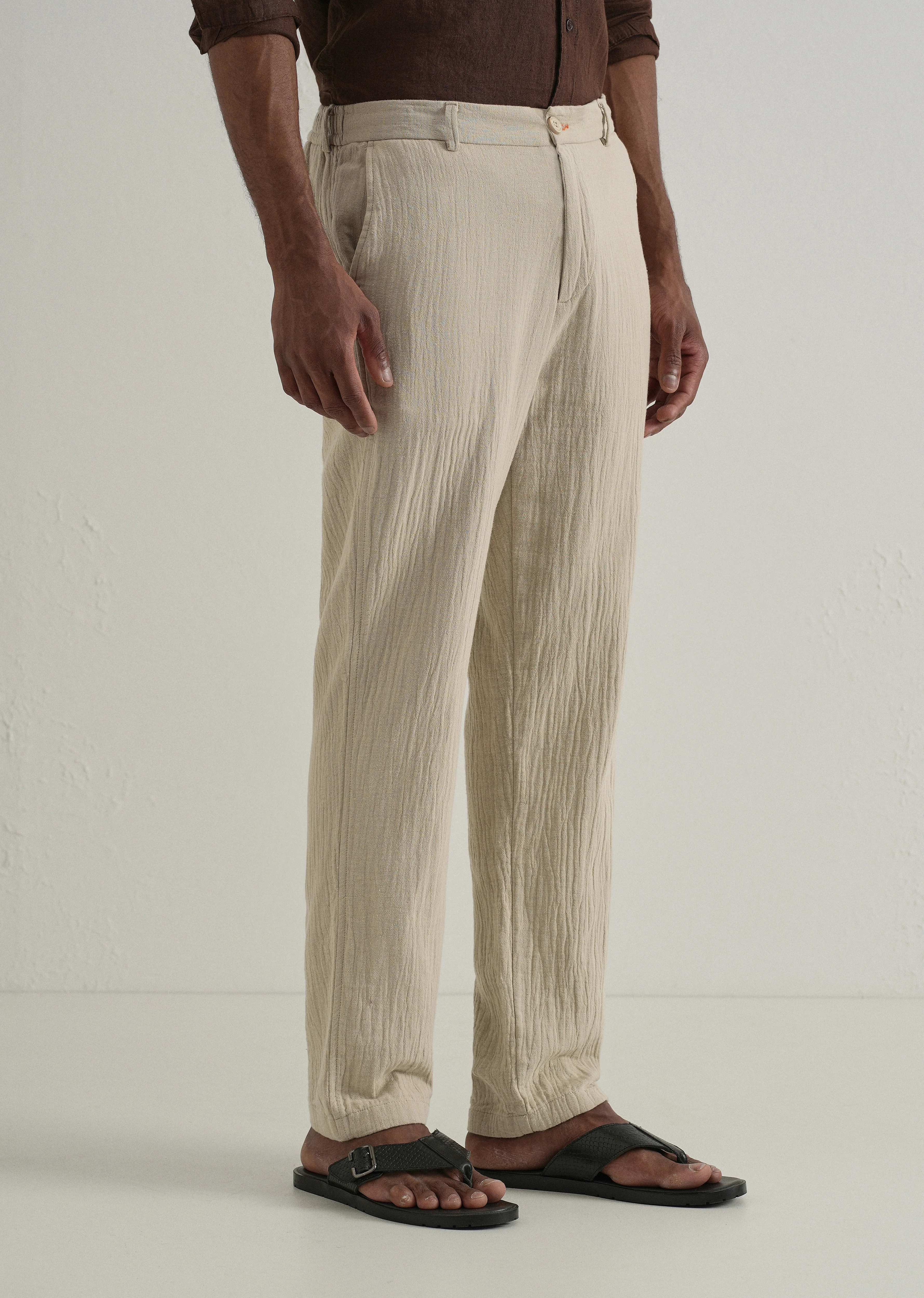 Beige Crinkled Cotton Trouser - Image 4