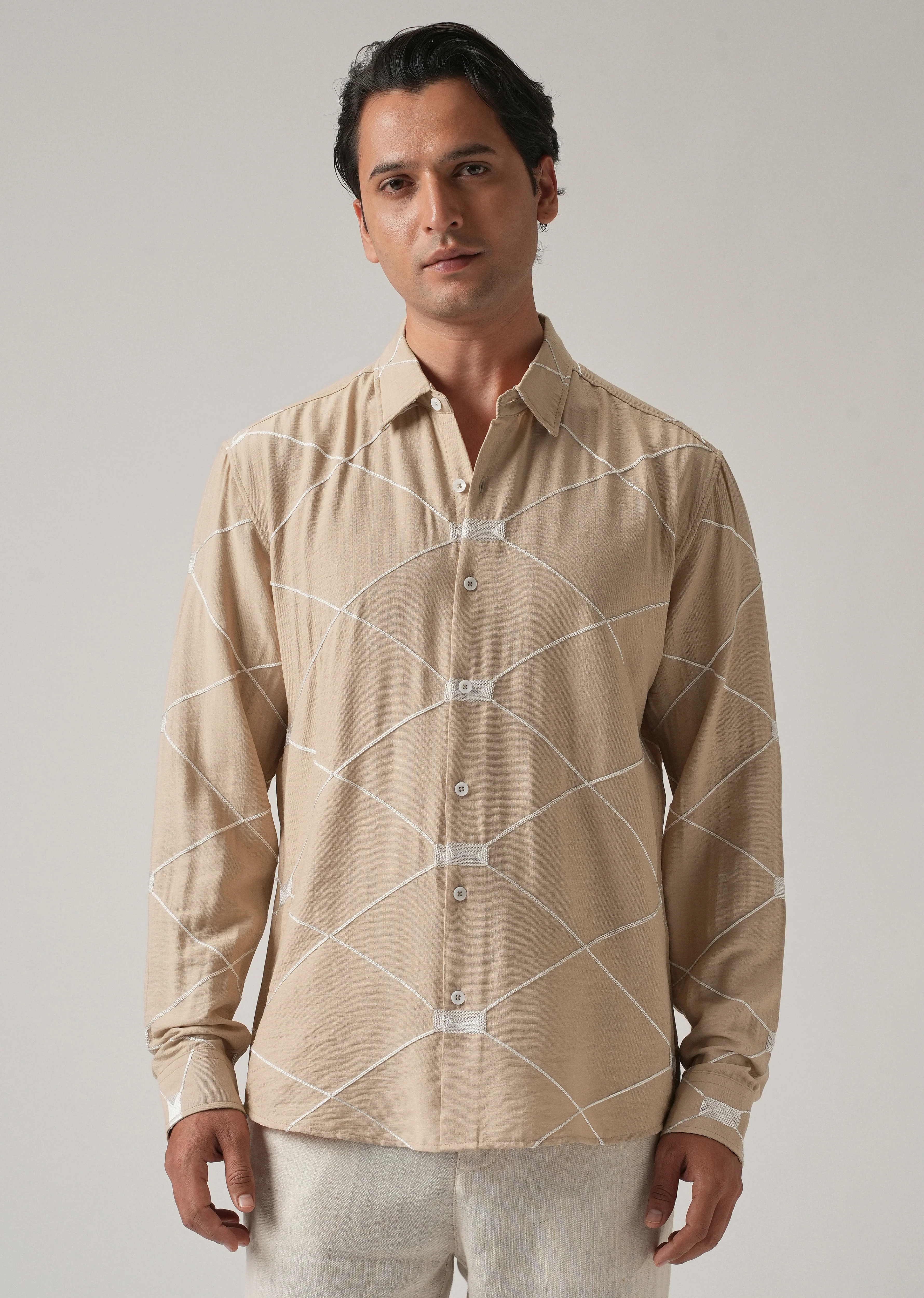 Beige Crisscross Embroidery Shirt - Image 4