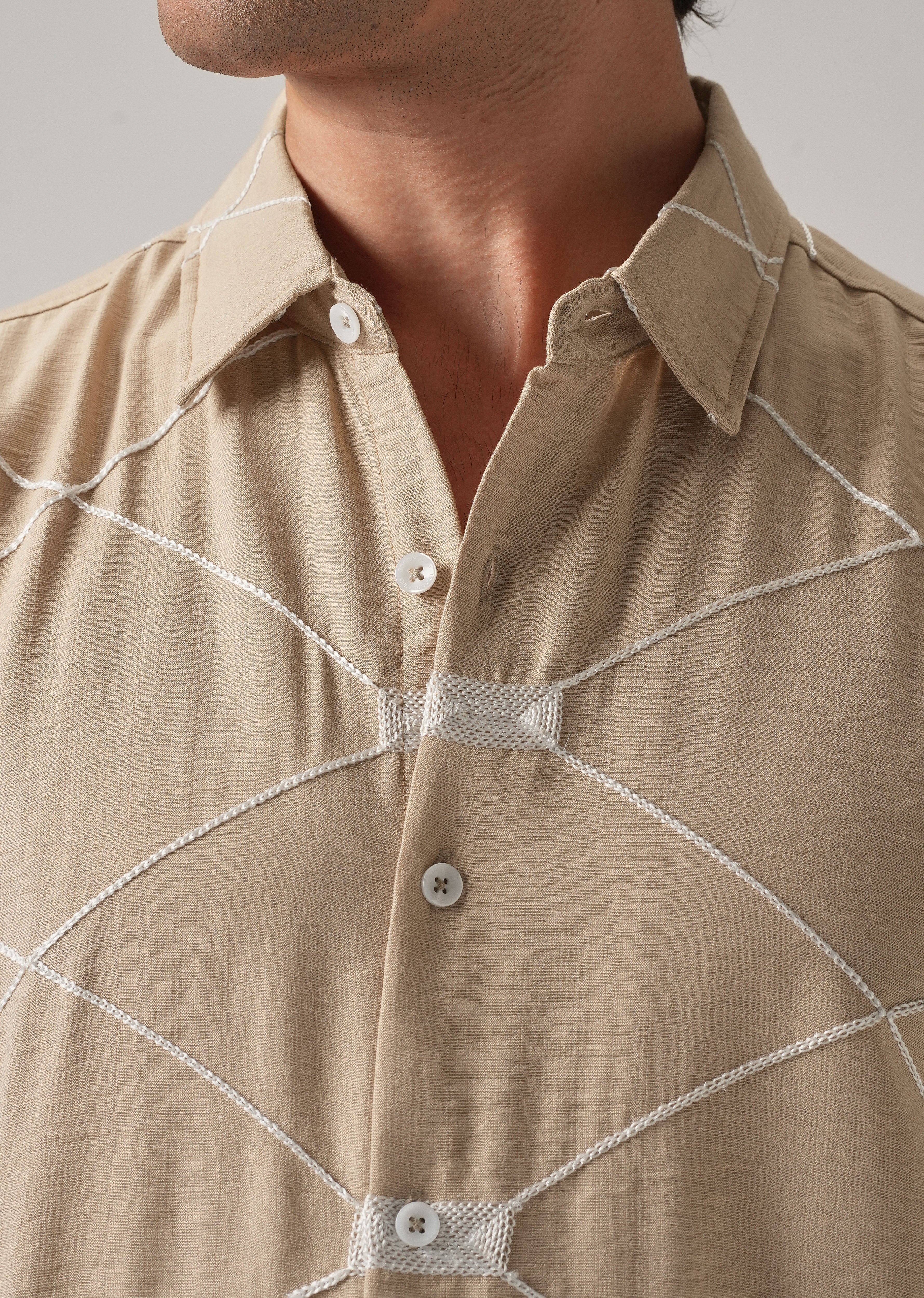 Beige Crisscross Embroidery Shirt - Image 6