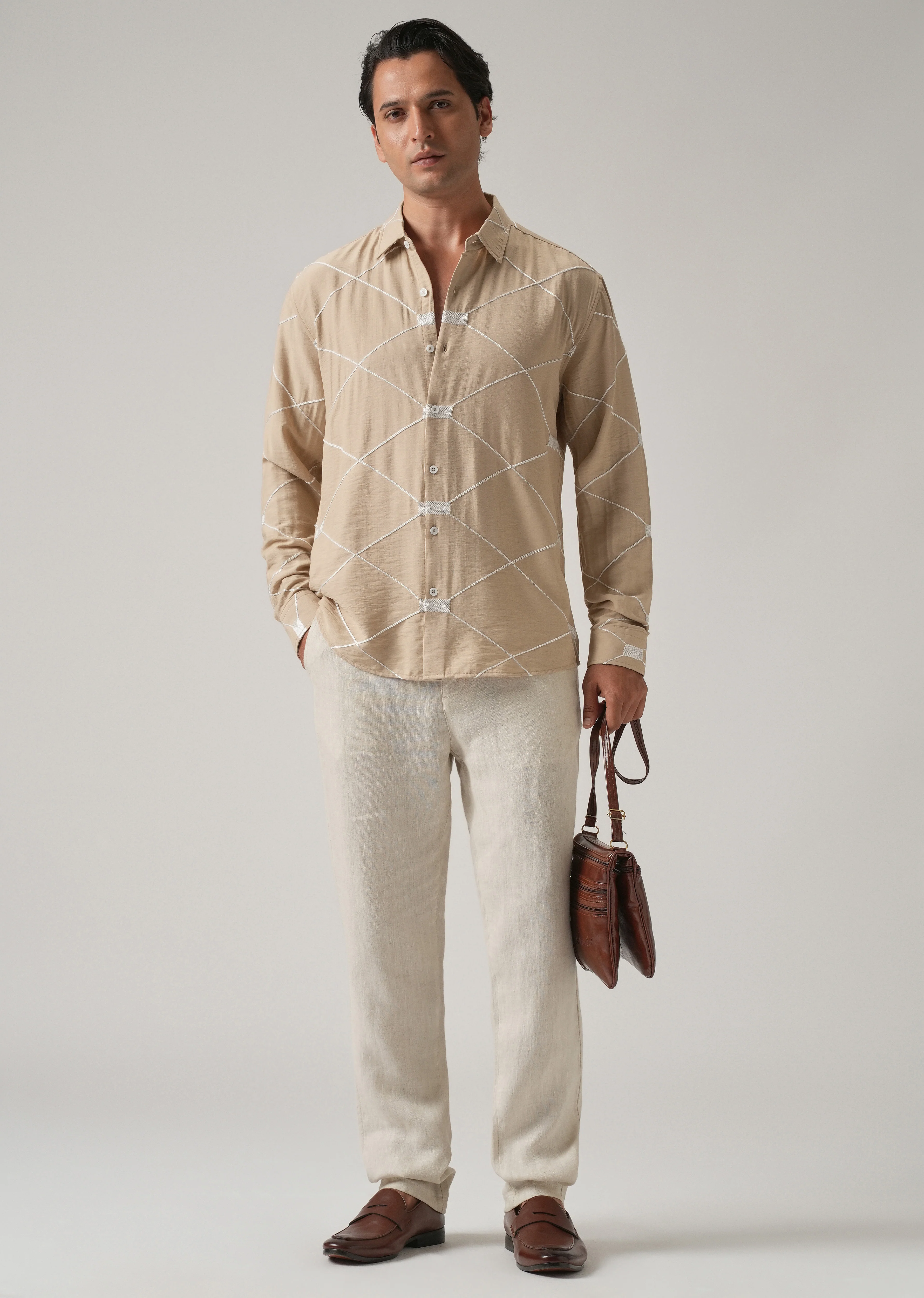 Beige Crisscross Embroidery Shirt - Image 7