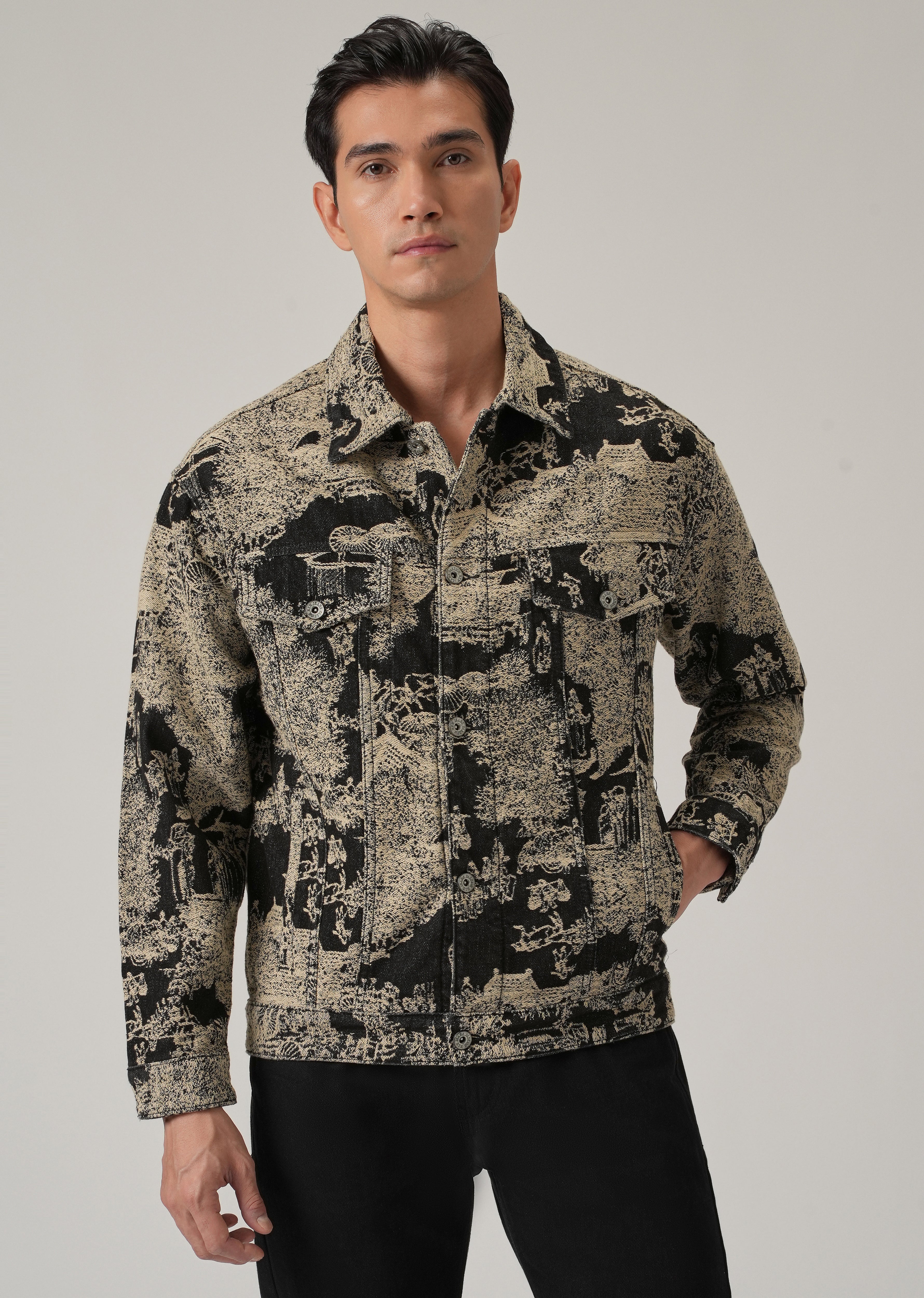 Beige Denim Jacquard Jacket - Image 3