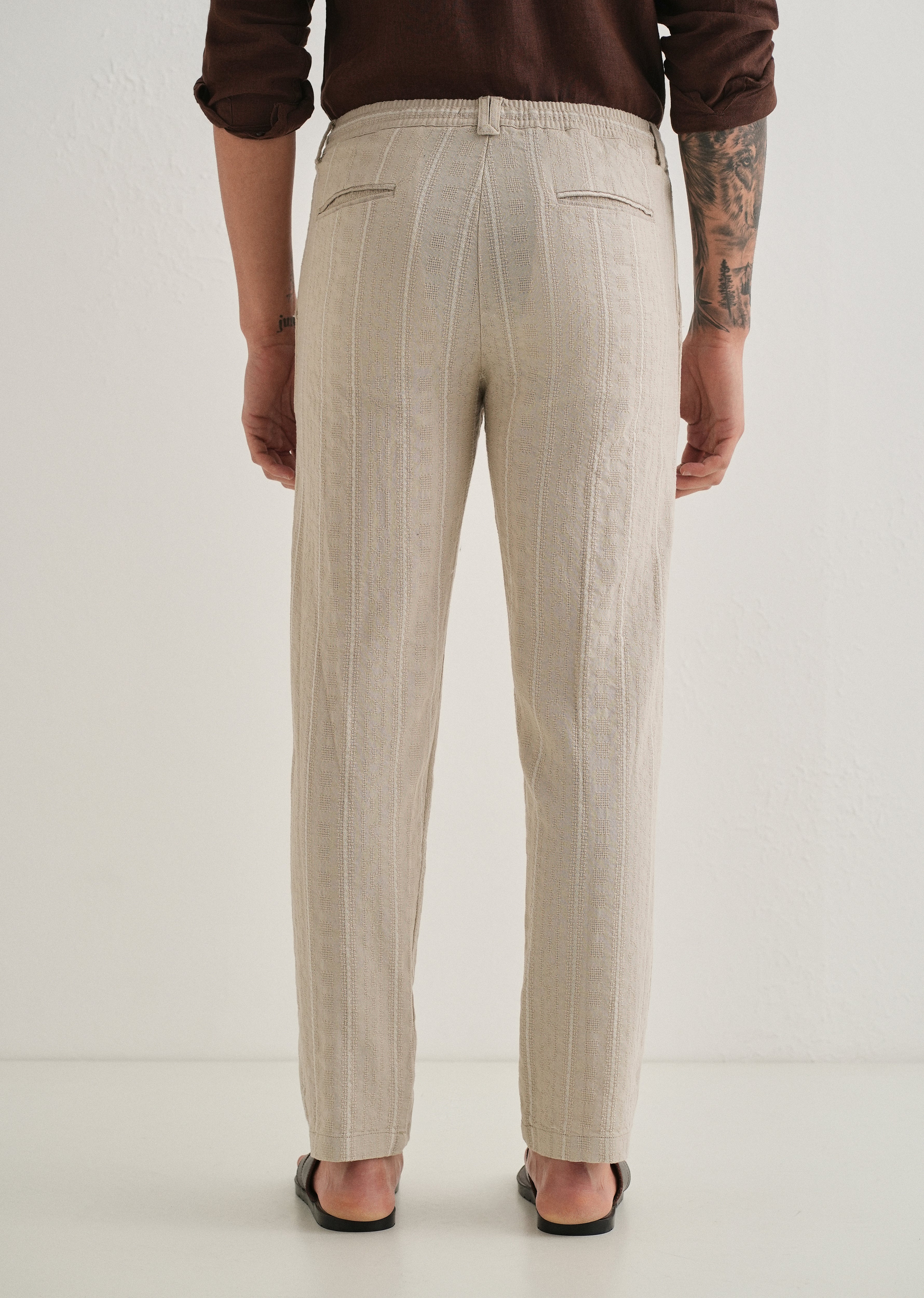 Beige Dobby Cotton Stripe Pants - Image 2