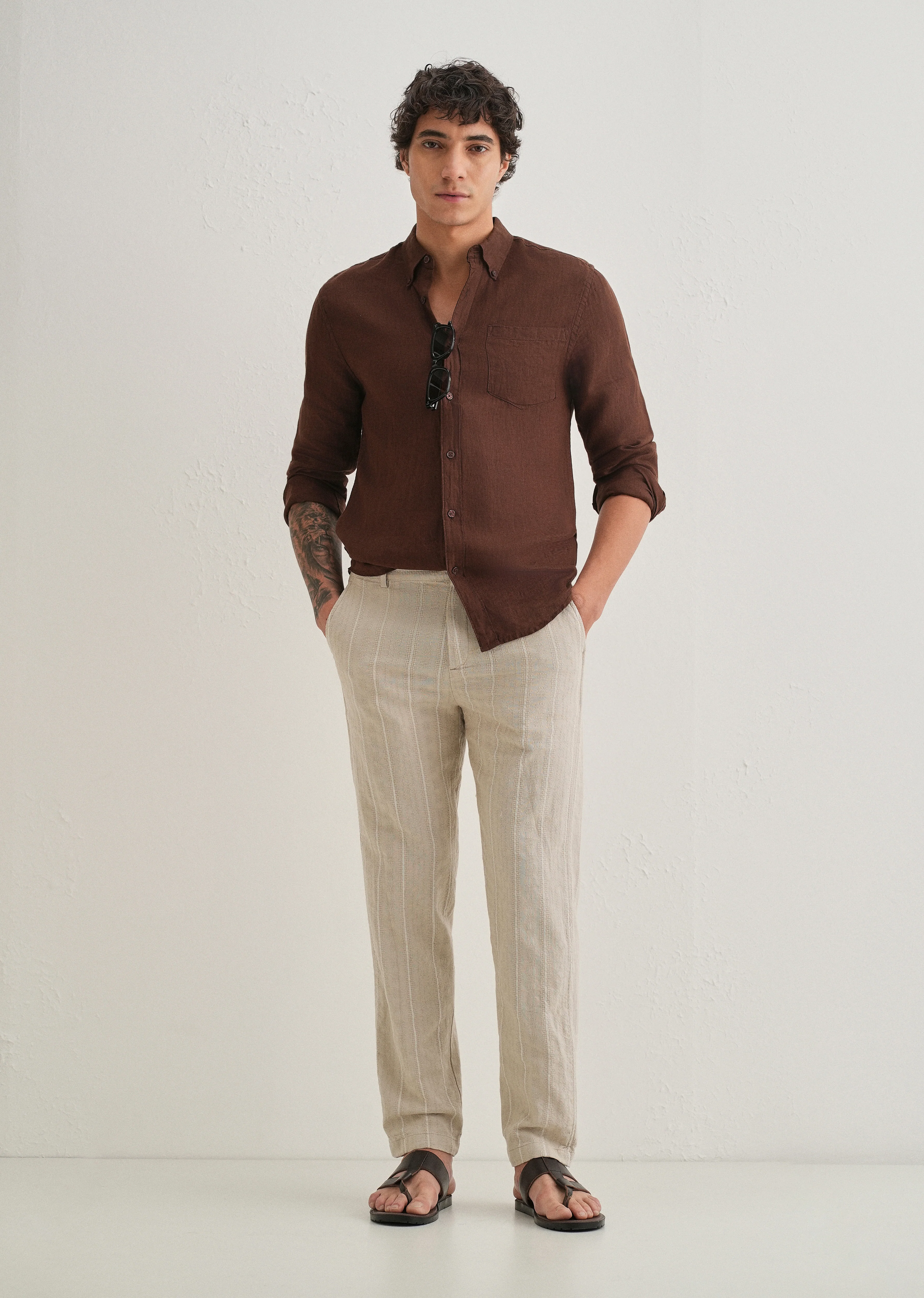 Beige Dobby Cotton Stripe Pants - Image 6
