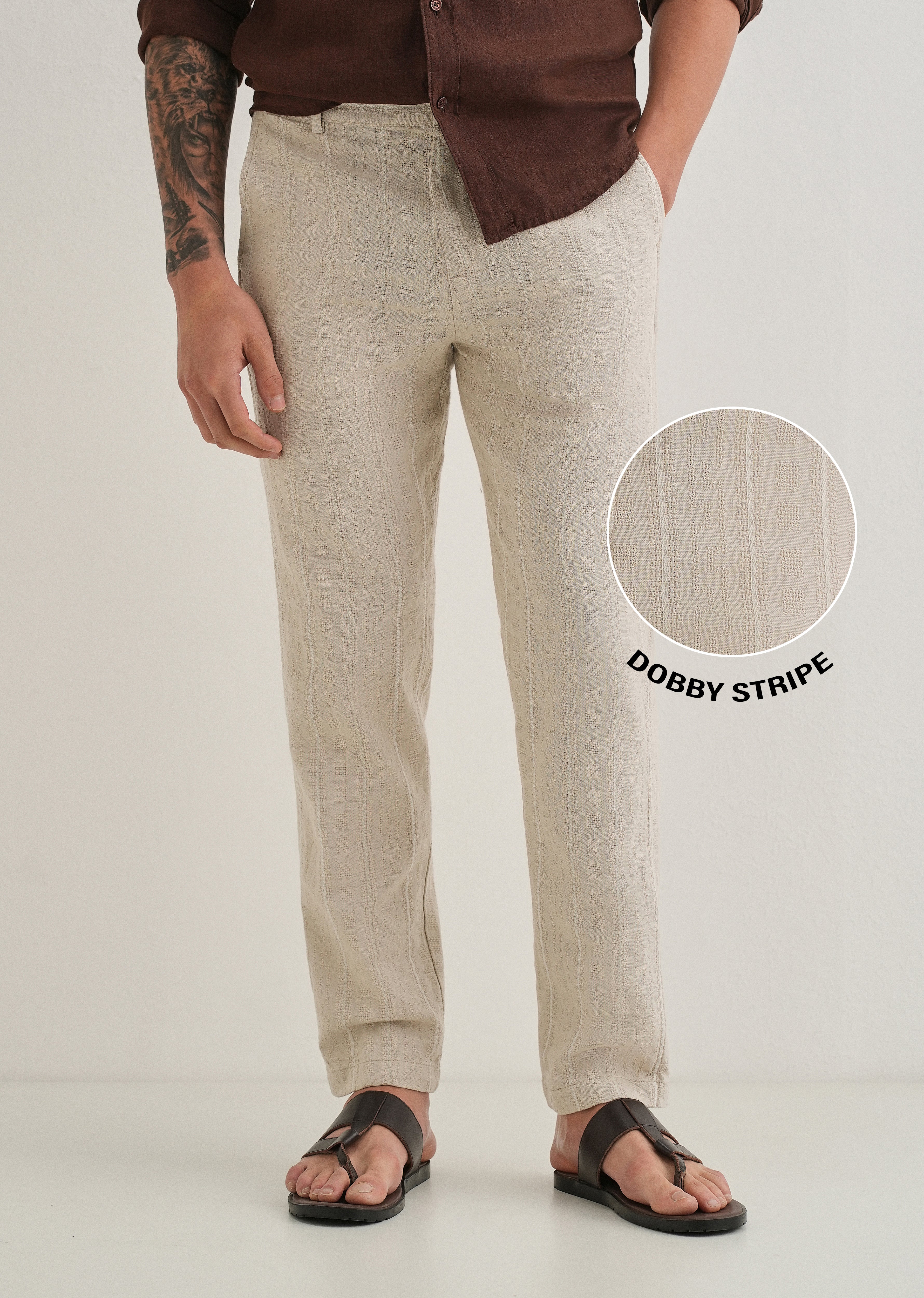 Beige Dobby Cotton Stripe Pants - Image 7