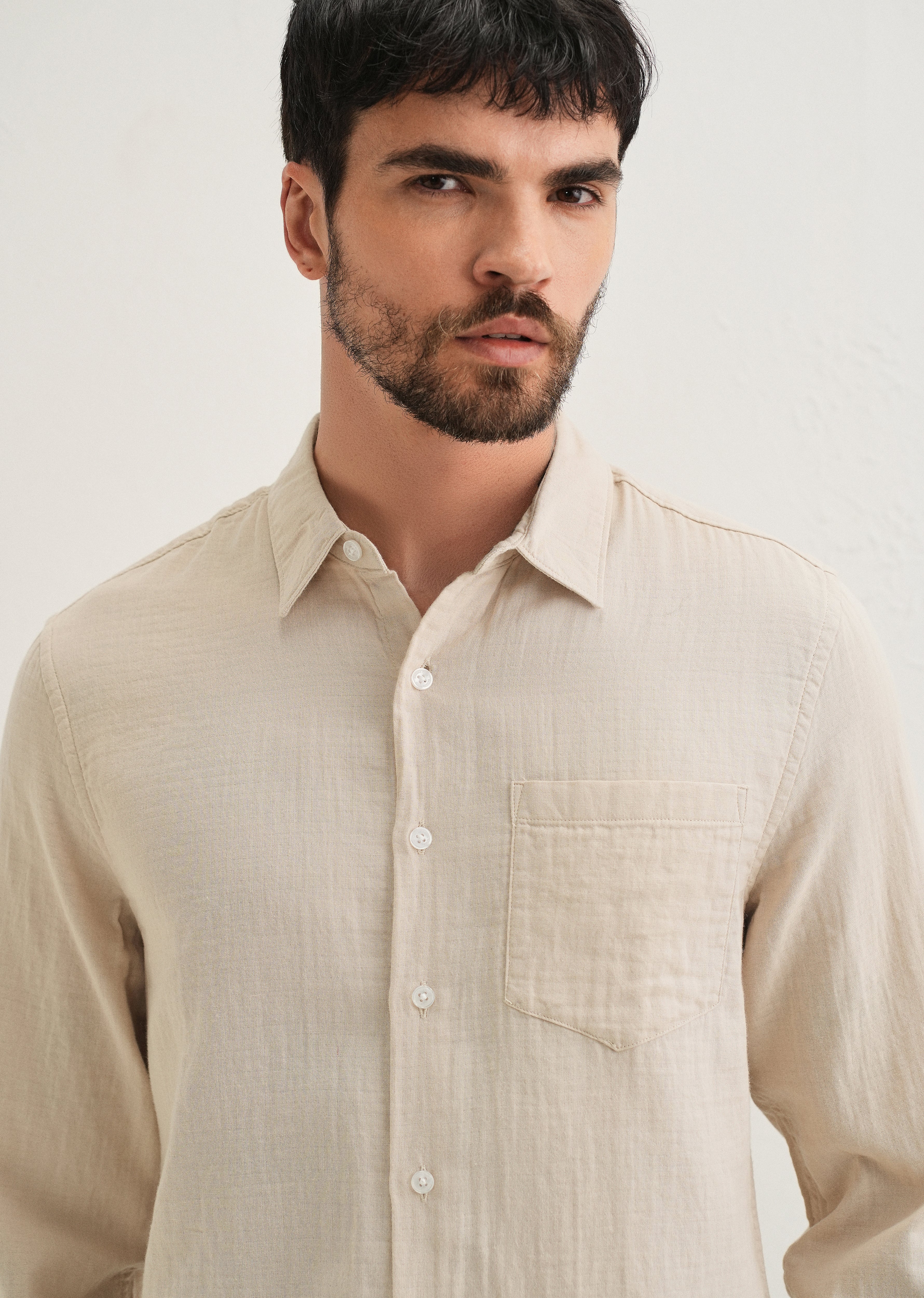 Beige Double Cloth Cotton Shirt - Image 2