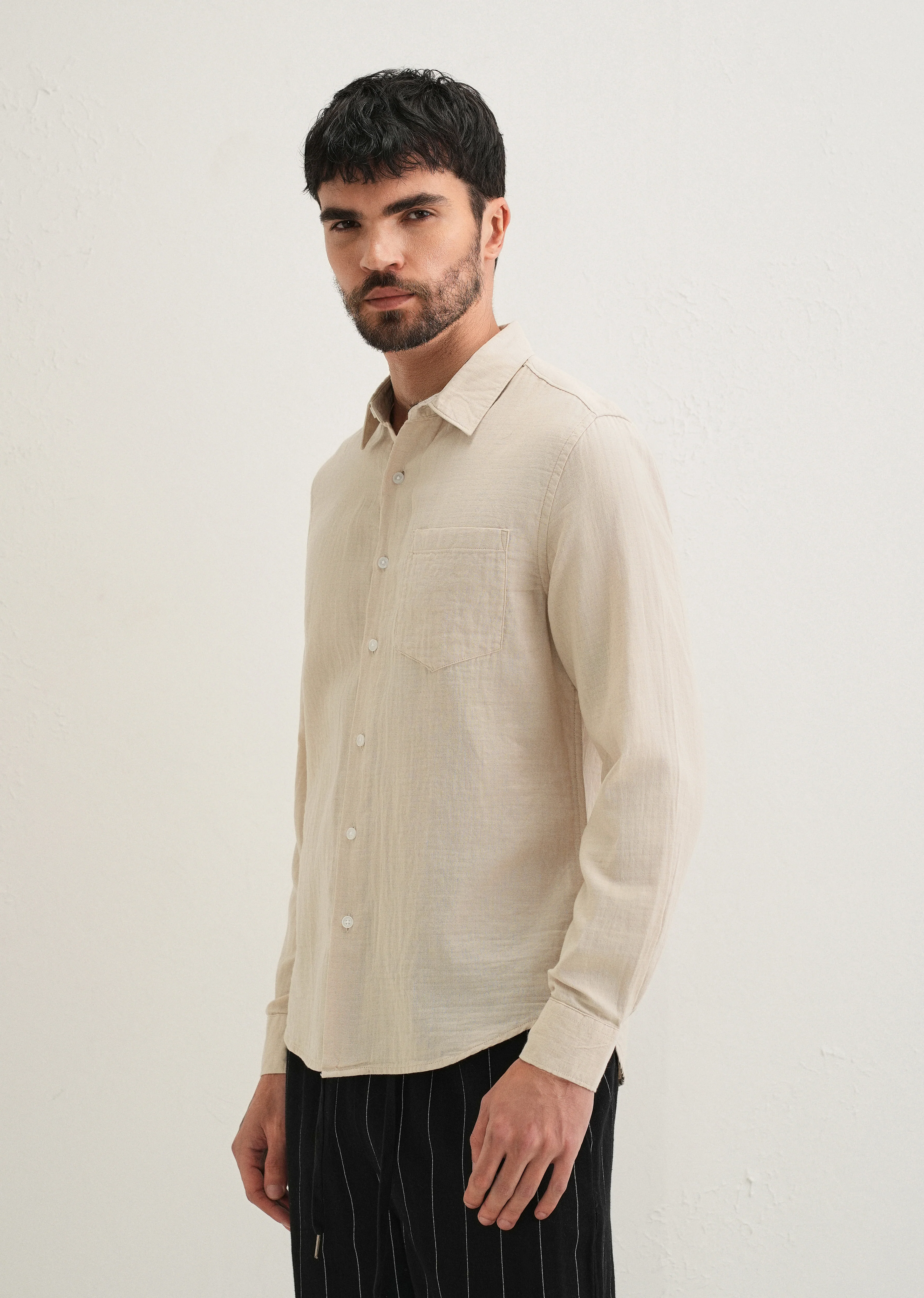 Beige Double Cloth Cotton Shirt - Image 5