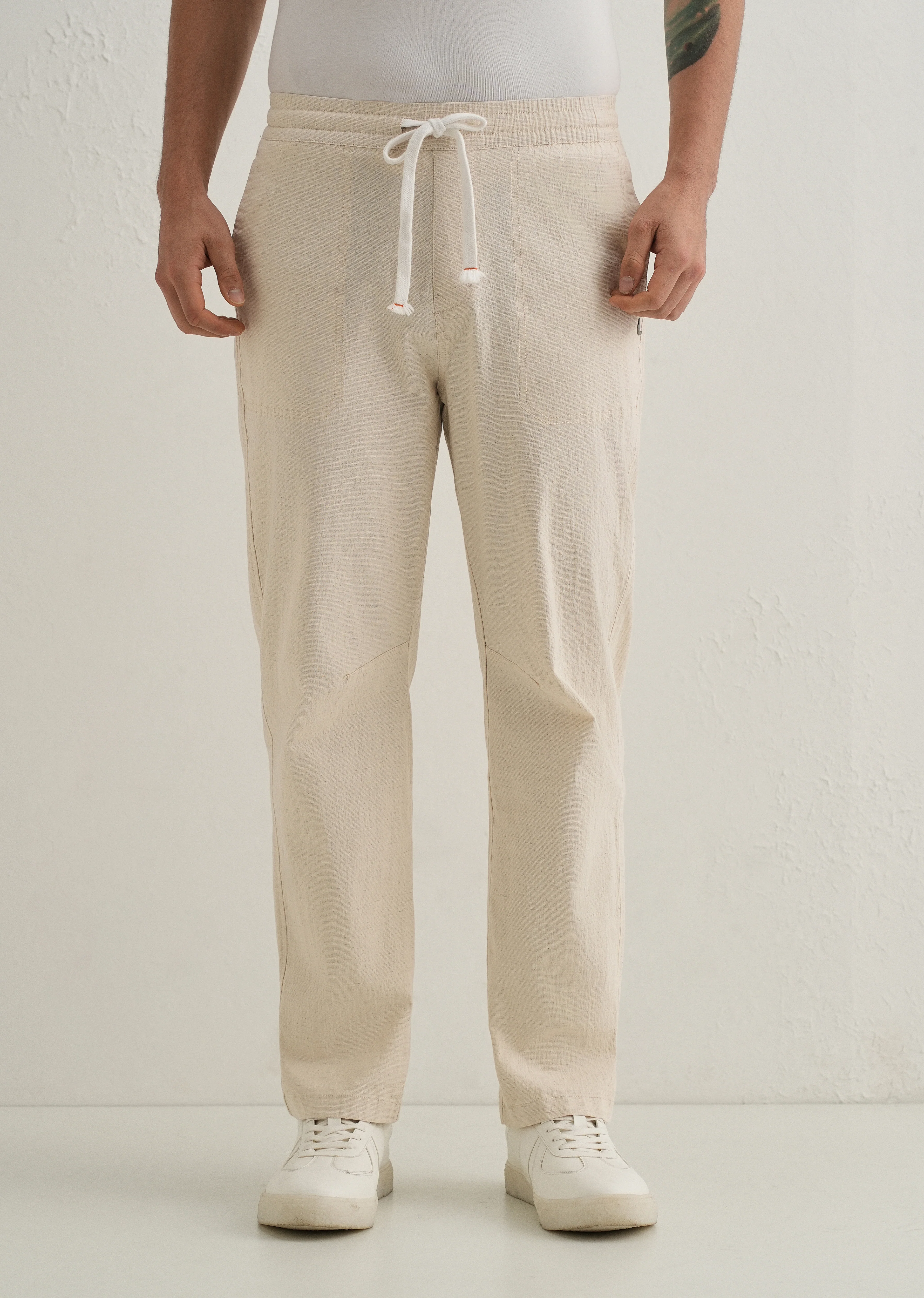 Beige Drawstring Cotton Linen Pant - Image 3