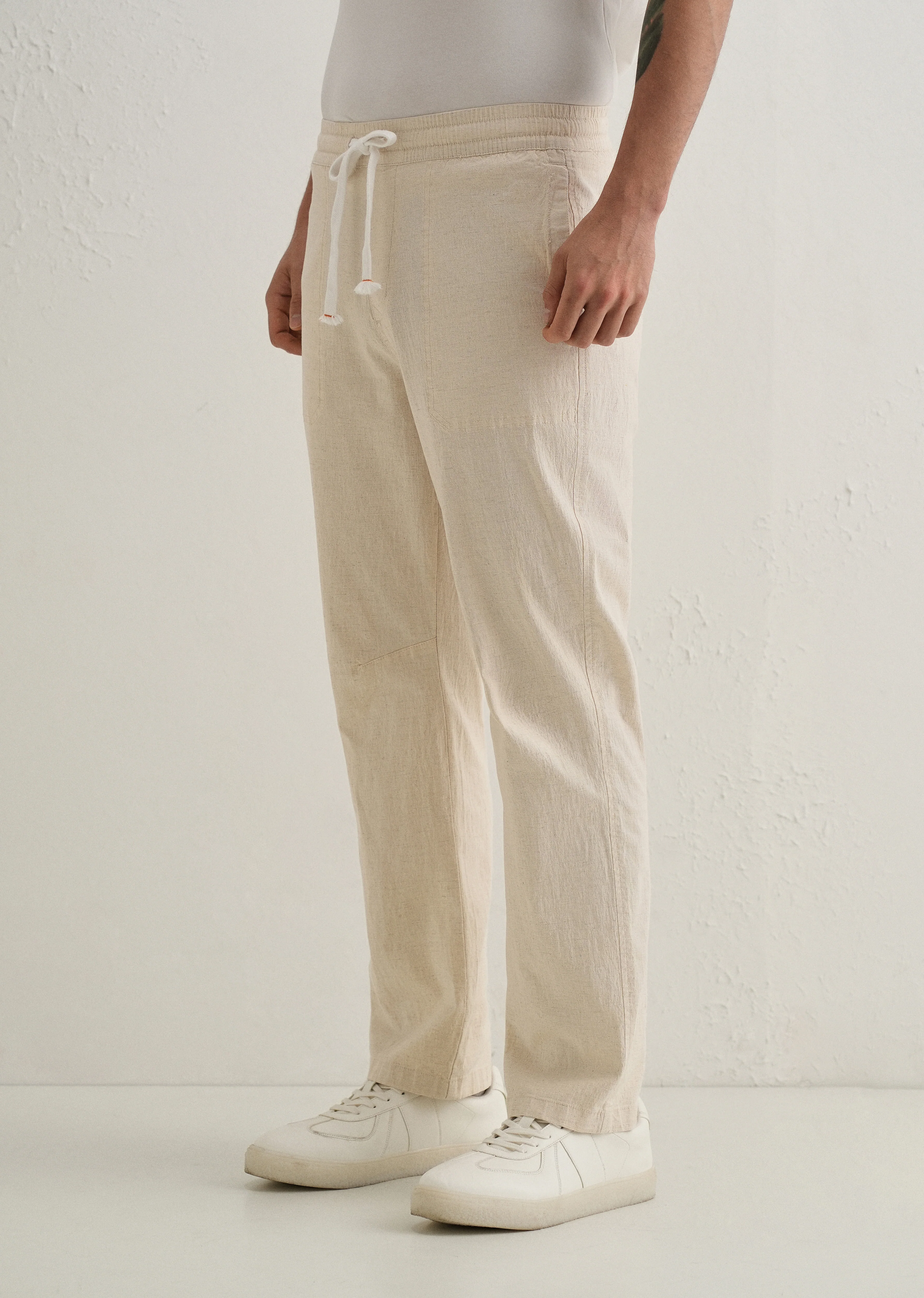 Beige Drawstring Cotton Linen Pant - Image 4