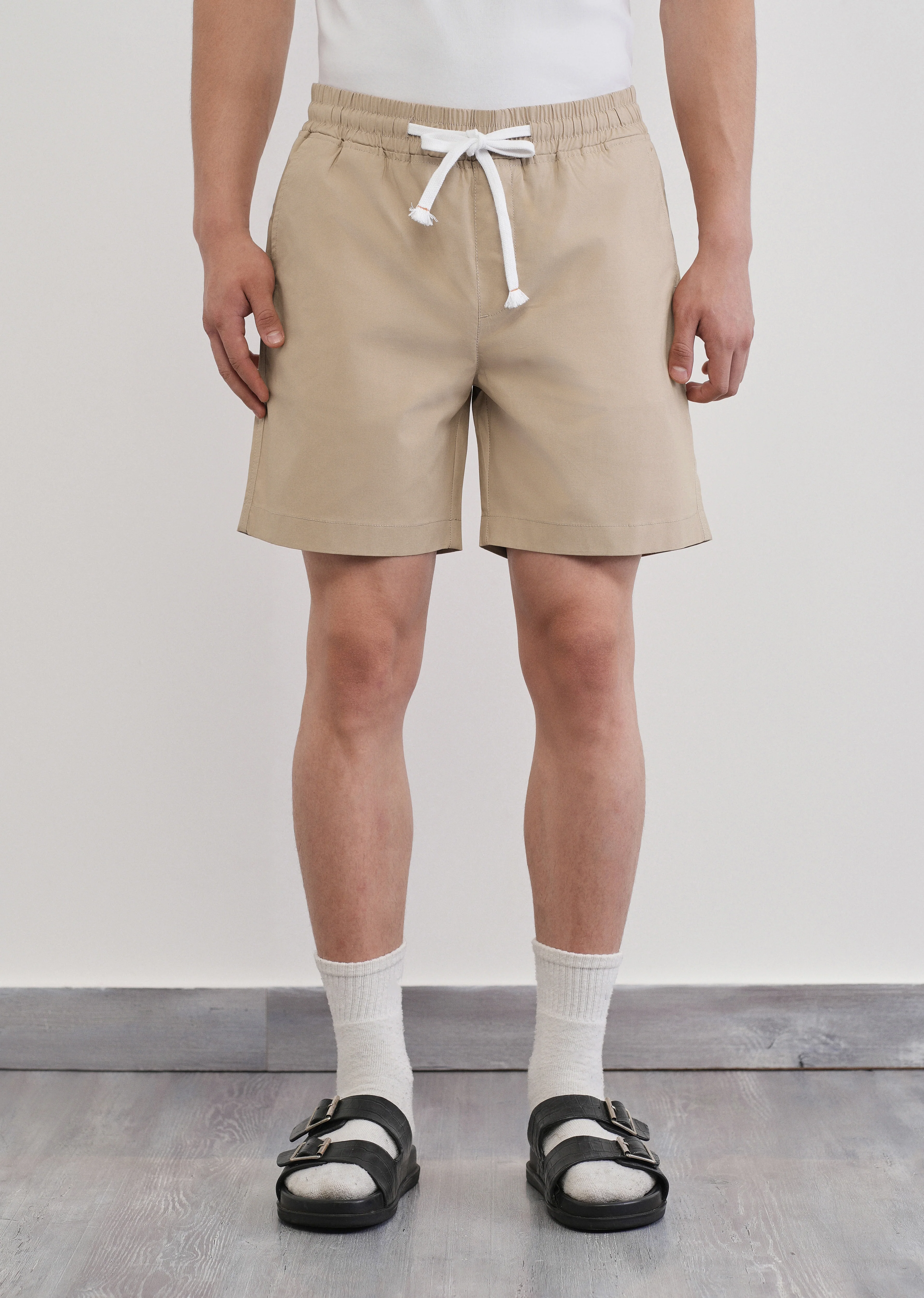Beige Drawstring Cotton Shorts - Image 3