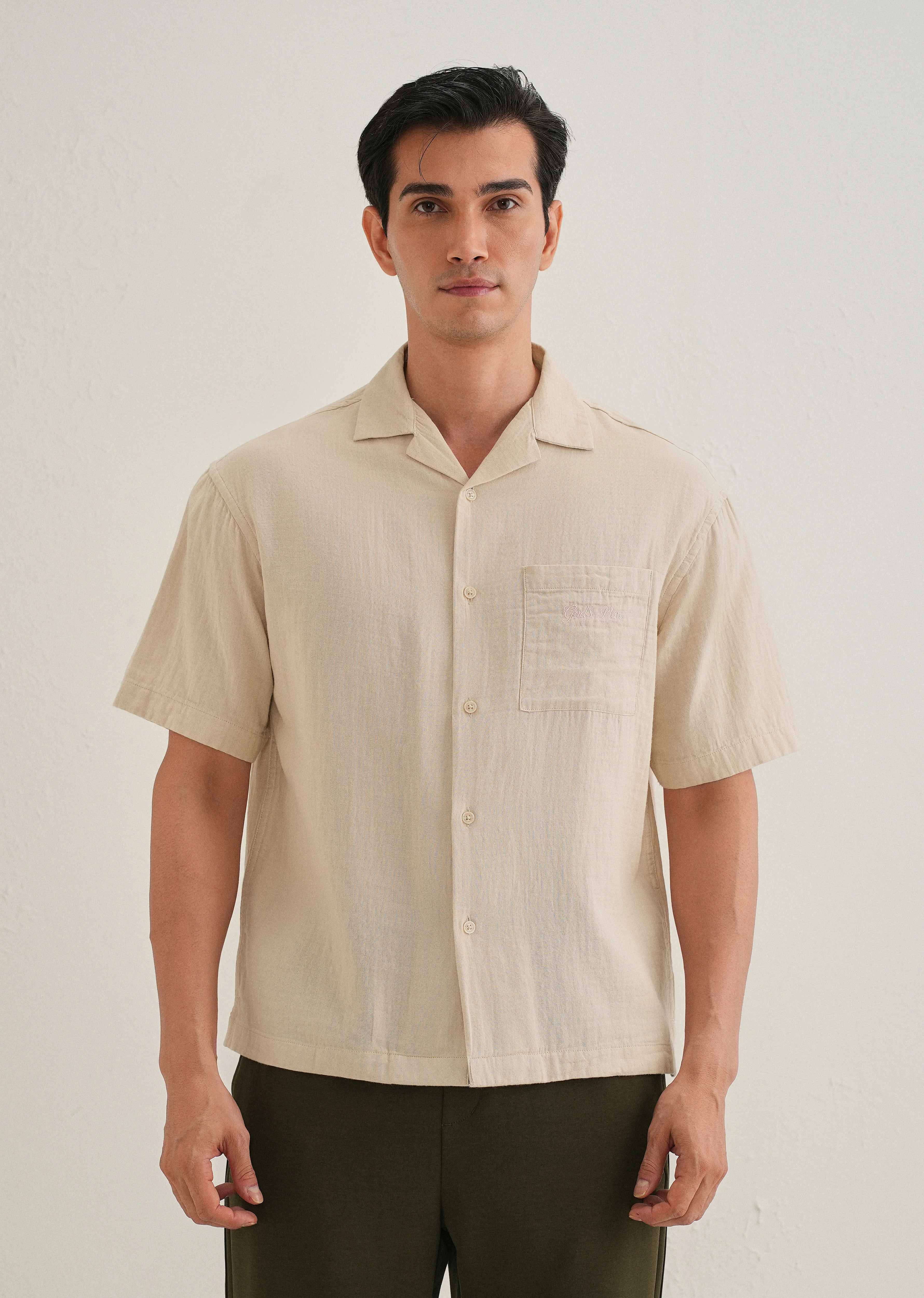 Beige Embroidered Double Cloth Cotton Shirt - Image 3