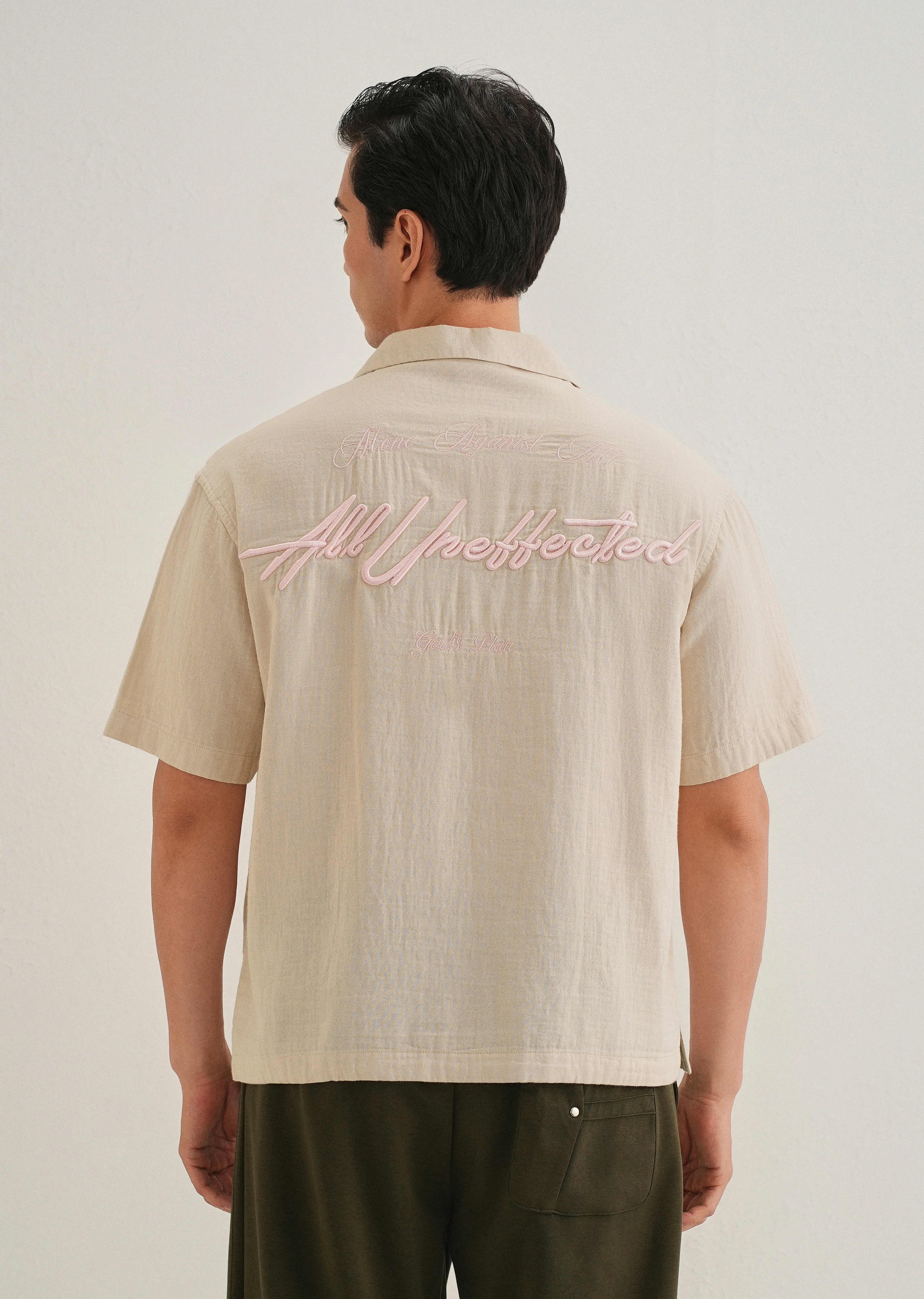 Beige Embroidered Double Cloth Cotton Shirt - Image 4