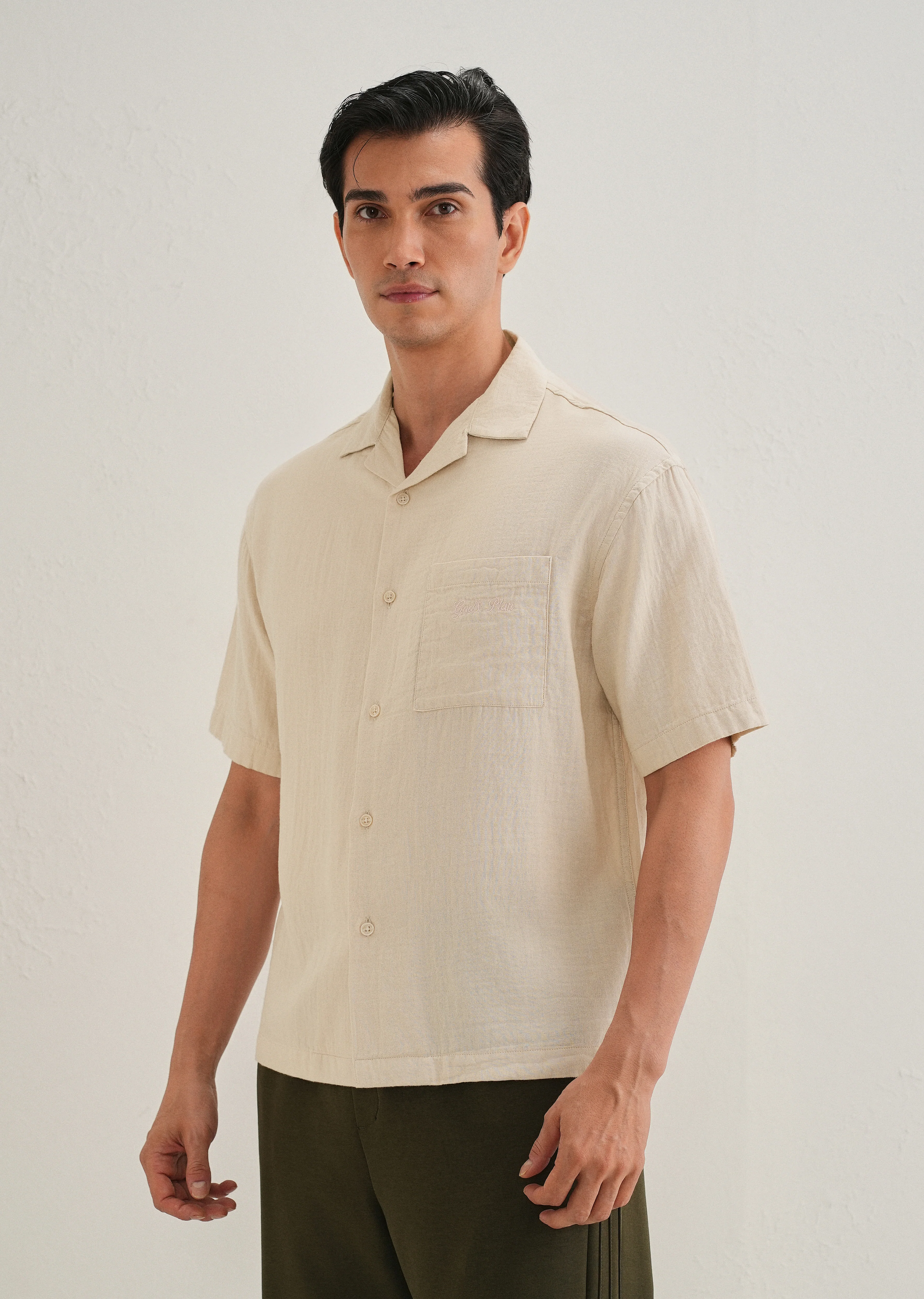 Beige Embroidered Double Cloth Cotton Shirt - Image 5