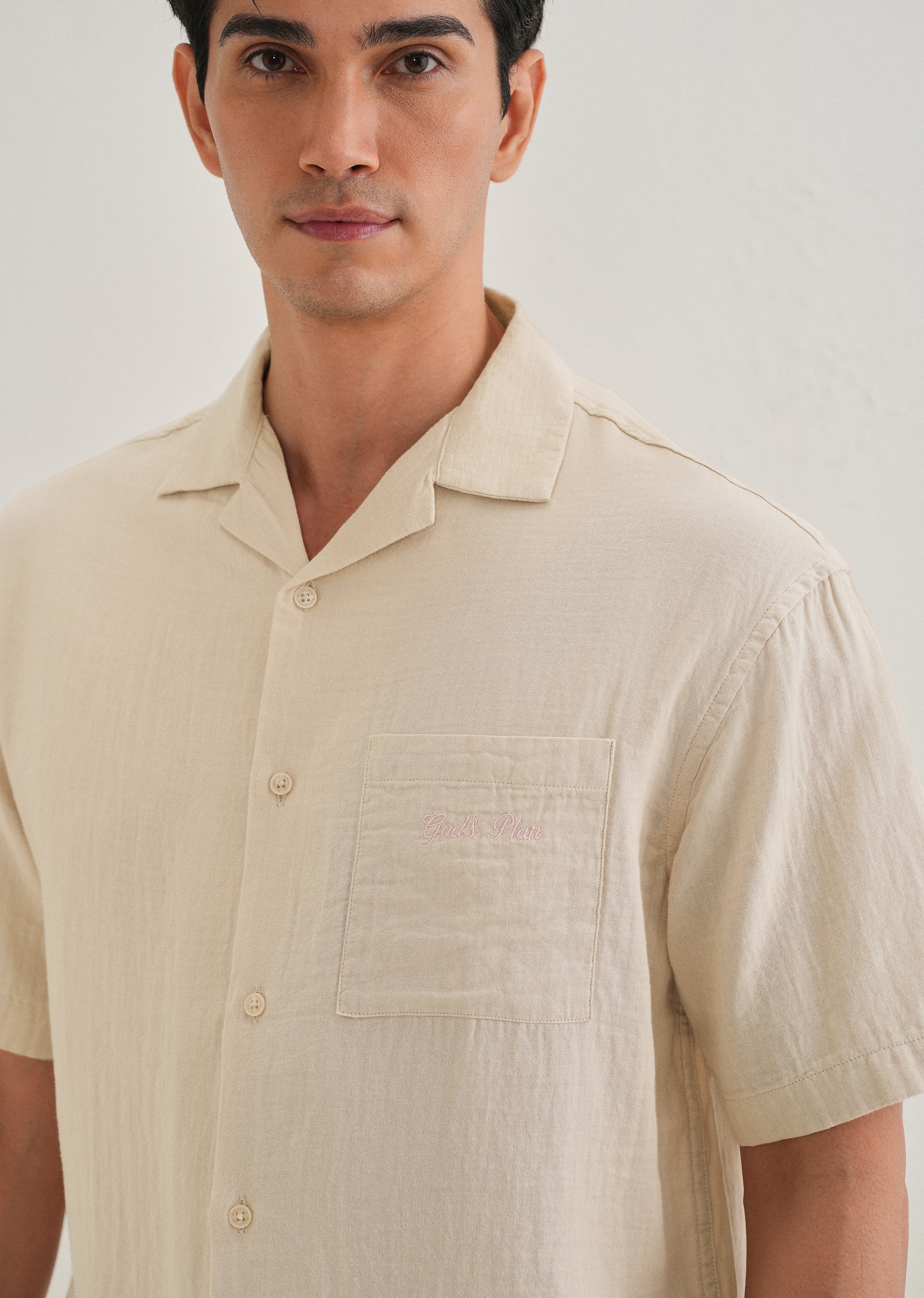 Beige Embroidered Double Cloth Cotton Shirt - Image 6