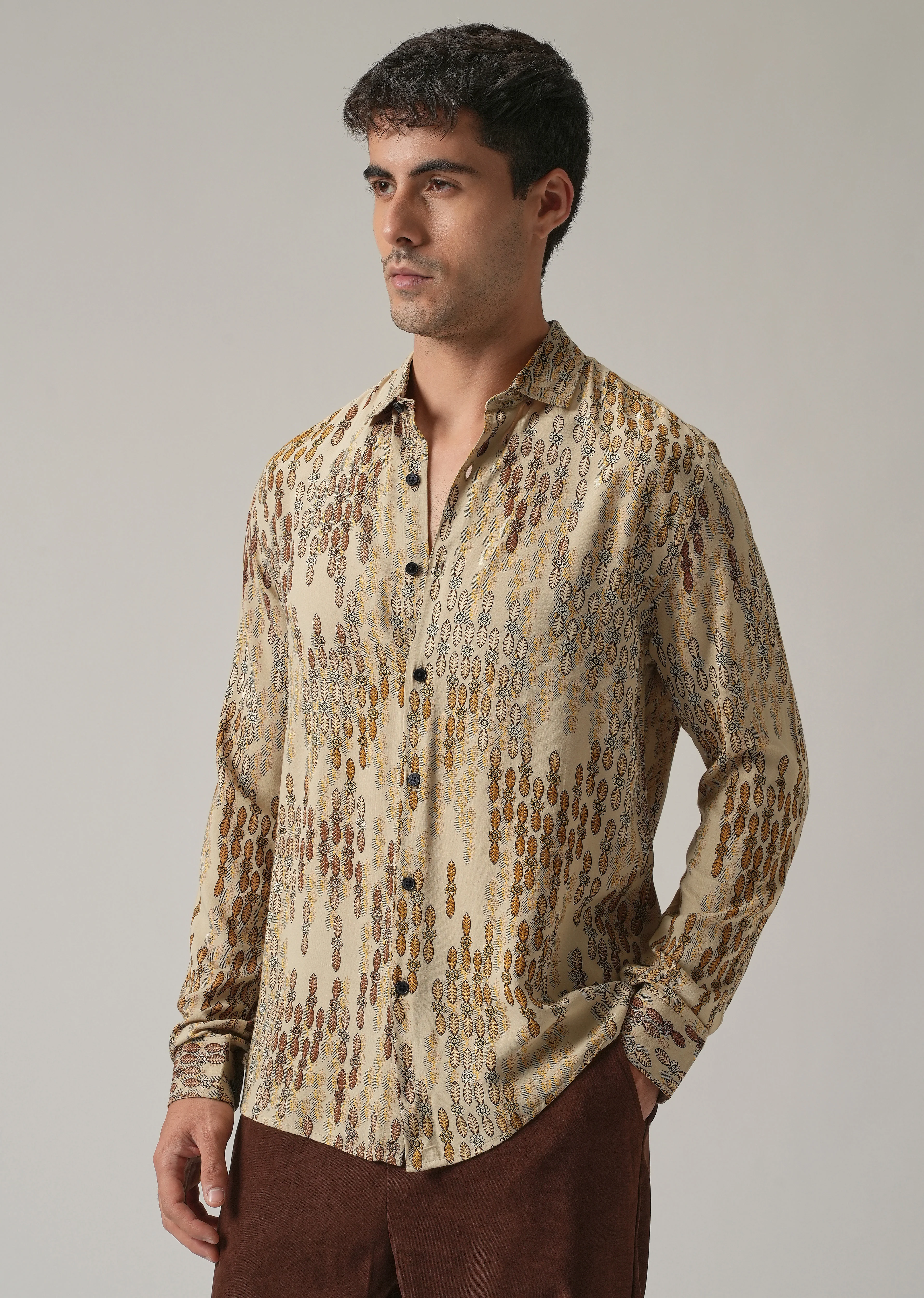 Beige Ethnic Print Feather Shirt - Image 4