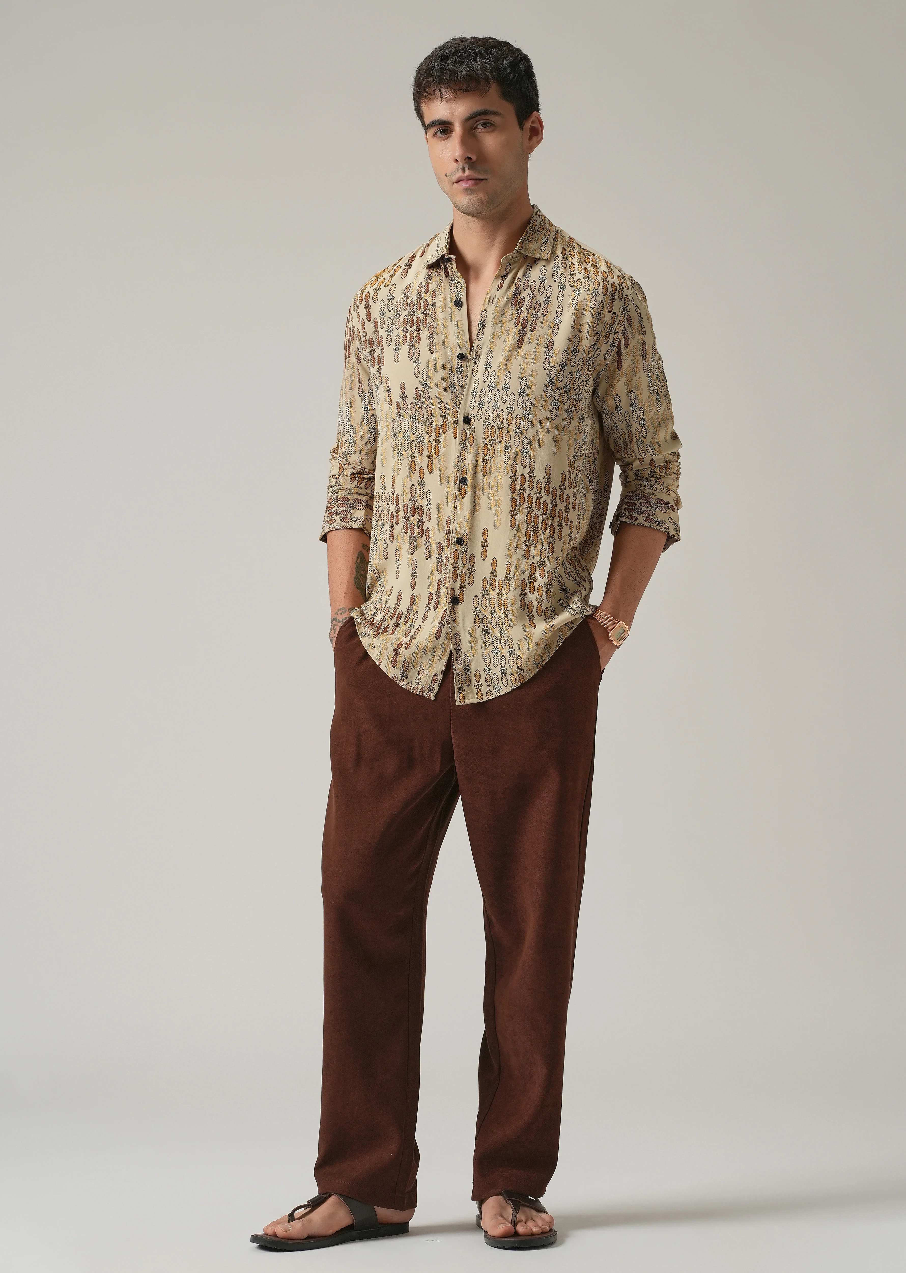 Beige Ethnic Print Feather Shirt - Image 6